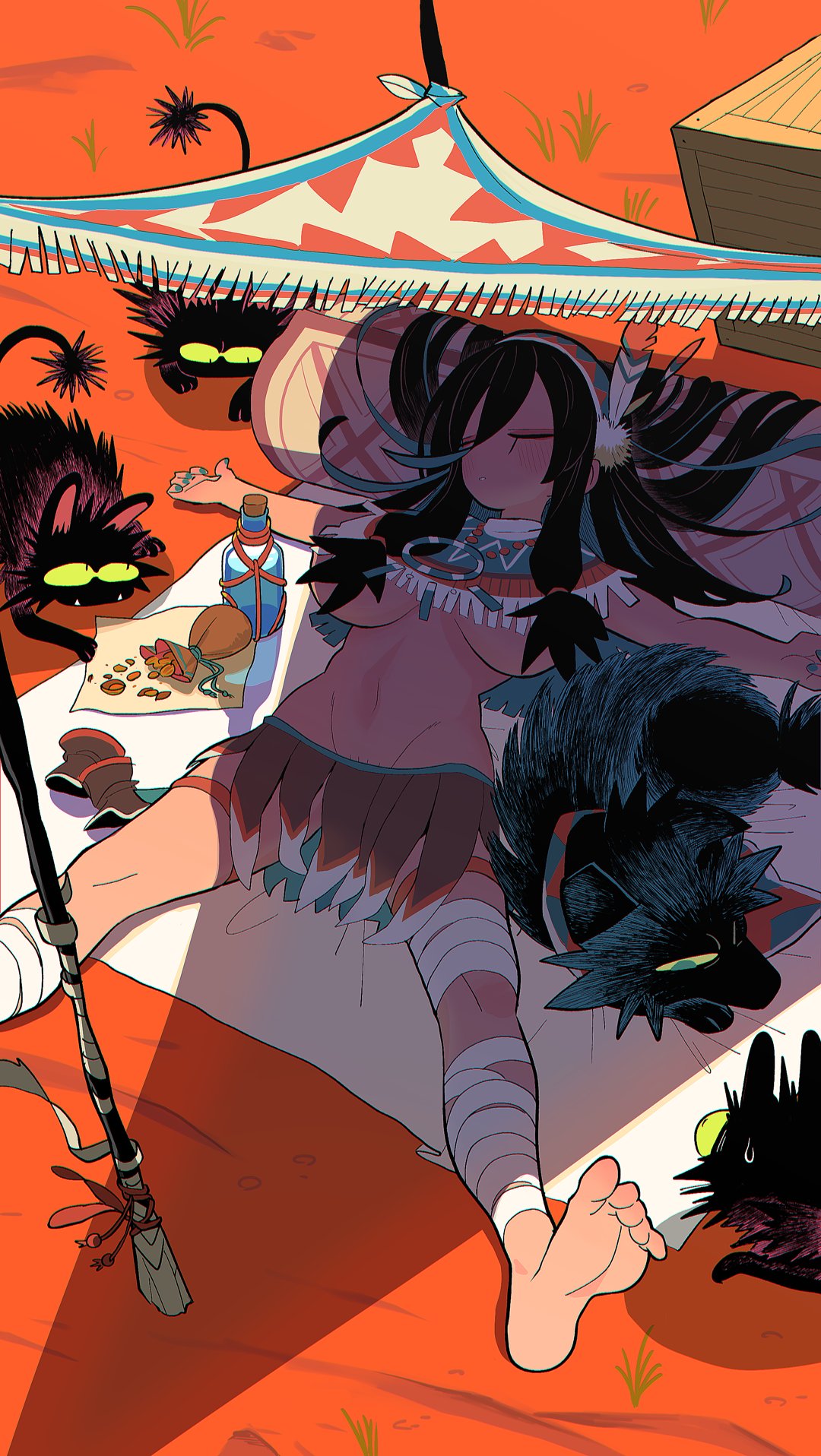 barefoot, black hair, blush, breasts, feet, female, female only, gashi-gashi, headgear, long hair, lying, lying on back, mammal, native american, native american female, original, original character, skirt, sleeping, sweat, tagme, tent, uejini, underboob, voluptuous, wolf