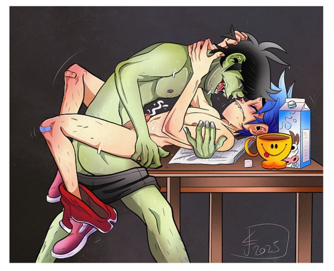 2d (gorillaz), anal sex, black hair, blue hair, blush, body hair, cum, cumshot, facial hair, gay, gay anal, gay male, gay sex, gorillaz, grabbing hair, green body, green skin, male, male only, male/male, murdoc niccals, on table, penis, rotzfake, sweat, sweatdrop, sweating, white skin