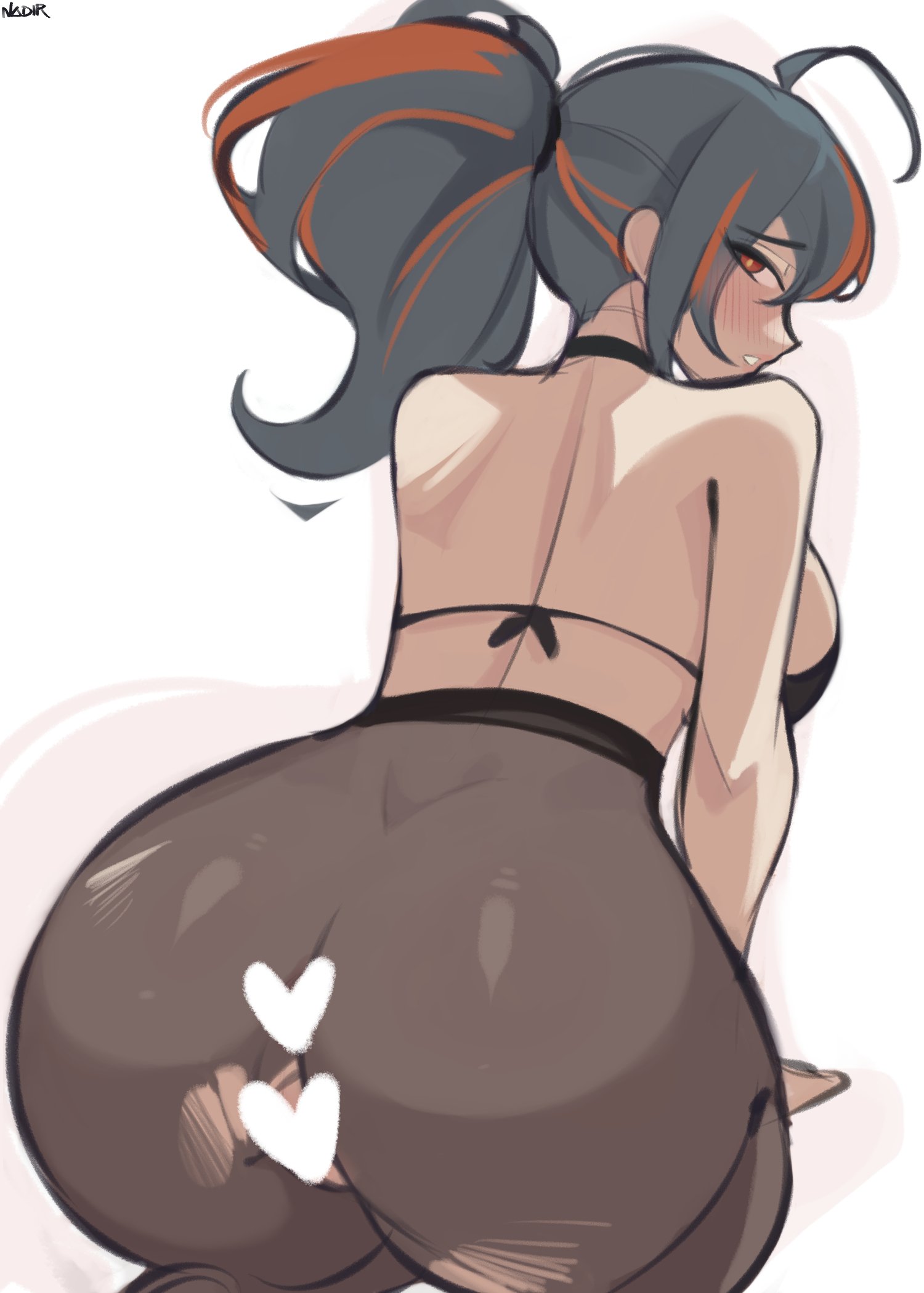 1girls, ahoge, all fours, arm support, ass, back, backboob, bikini, bikini top, black bikini, black bikini top, black choker, black legwear, black pantyhose, black stockings, black string bikini, black swimsuit, black swimwear, black tights, blush, blush face, blushing at viewer, blushing female, blushing lines, breasts, bursting butt, censored, censored genitalia, censored pussy, censored vagina, choker, curvaceous, curvaceous ass, curvaceous body, curvaceous female, curvaceous figure, curvaceous hips, curvy, curvy body, curvy female, curvy figure, curvy hips, digital, digital art, digital drawing, digital drawing (artwork), digital media, digital media (artwork), embarrassed exposed female, embarrassed expression, embarrassed female, eyebrows visible through hair, female, female focus, female only, fingers, grey eyebrows, grey hair, grey-haired female, groin, hair between eyes, heart censor, high resolution, highres, hourglass figure, inconvenient ass, inconvenient butt, large breasts, lean figure, legwear, lips, long hair, looking at viewer, looking back, looking back at viewer, median furrow, multicolored hair, nadir, narrow waist, pantyhose, ponytail, pussy, red eyes, red hair, red-eyed female, red-haired female, ripped legwear, ripped pantyhose, ripped stockings, ripped tights, shoulder blades, shoulders, sideboob, sidelocks, simple background, slender body, slender waist, slim waist, solo, stockings, string bikini, swimsuit, swimwear, thick thighs, thighs, tight clothing, tight pants, tights, torn legwear, torn pantyhose, torn stockings, torn tights, undersized clothes, undersized clothing, upper body, wardrobe malfunction, white background, wide hipped female, wide hips, zenless zone zero, zhu yuan