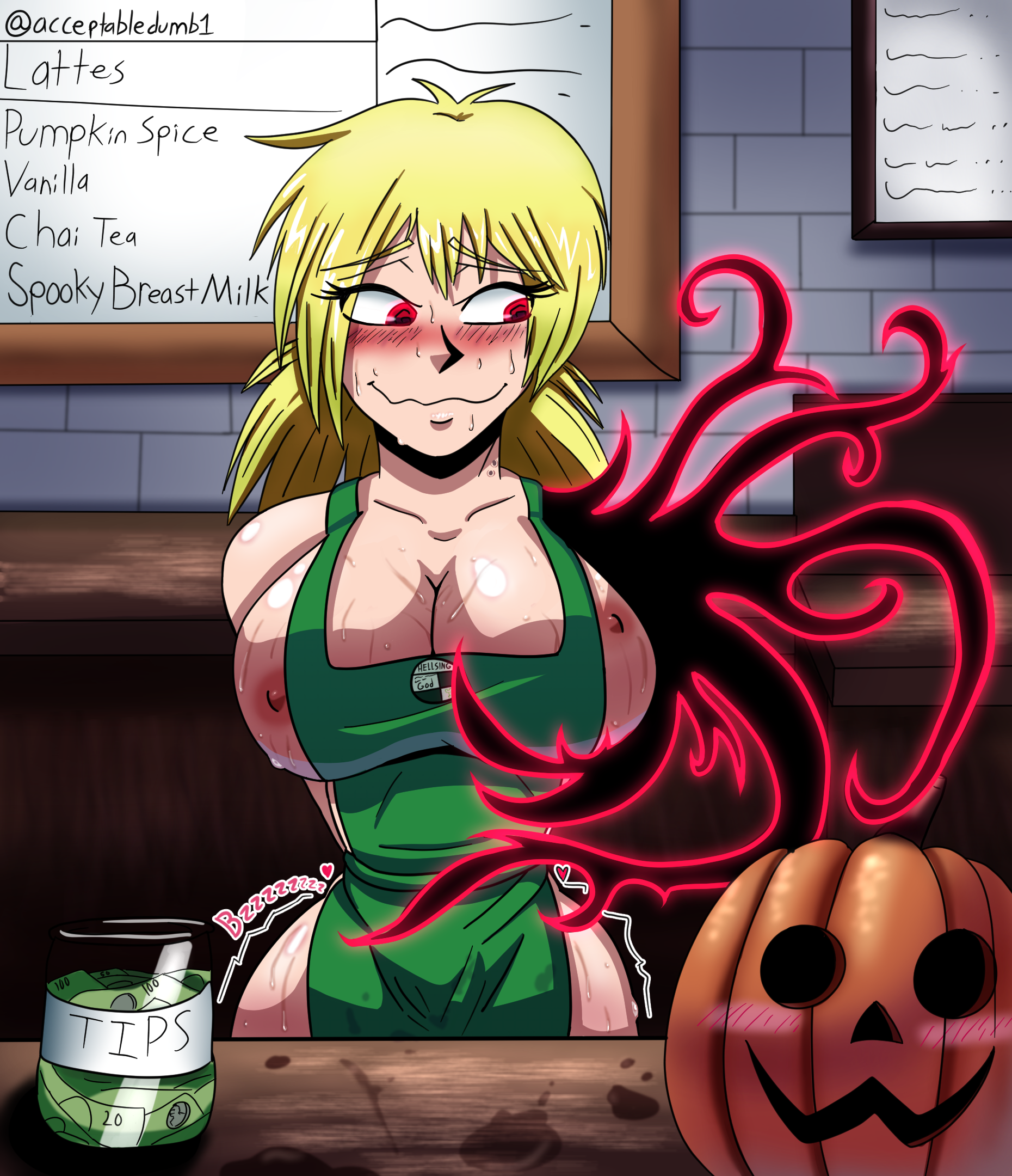 acceptabledumbass, apron, barista, big breasts, blonde hair, blush, breasts, clothing, embarrassed, exhibitionism, fast food, female, hellsing, iced latte with breast milk, meme, naked apron, nude, outerwear, public nudity, red eyes, seras victoria, starbucks, uniform, vampire, wide hips