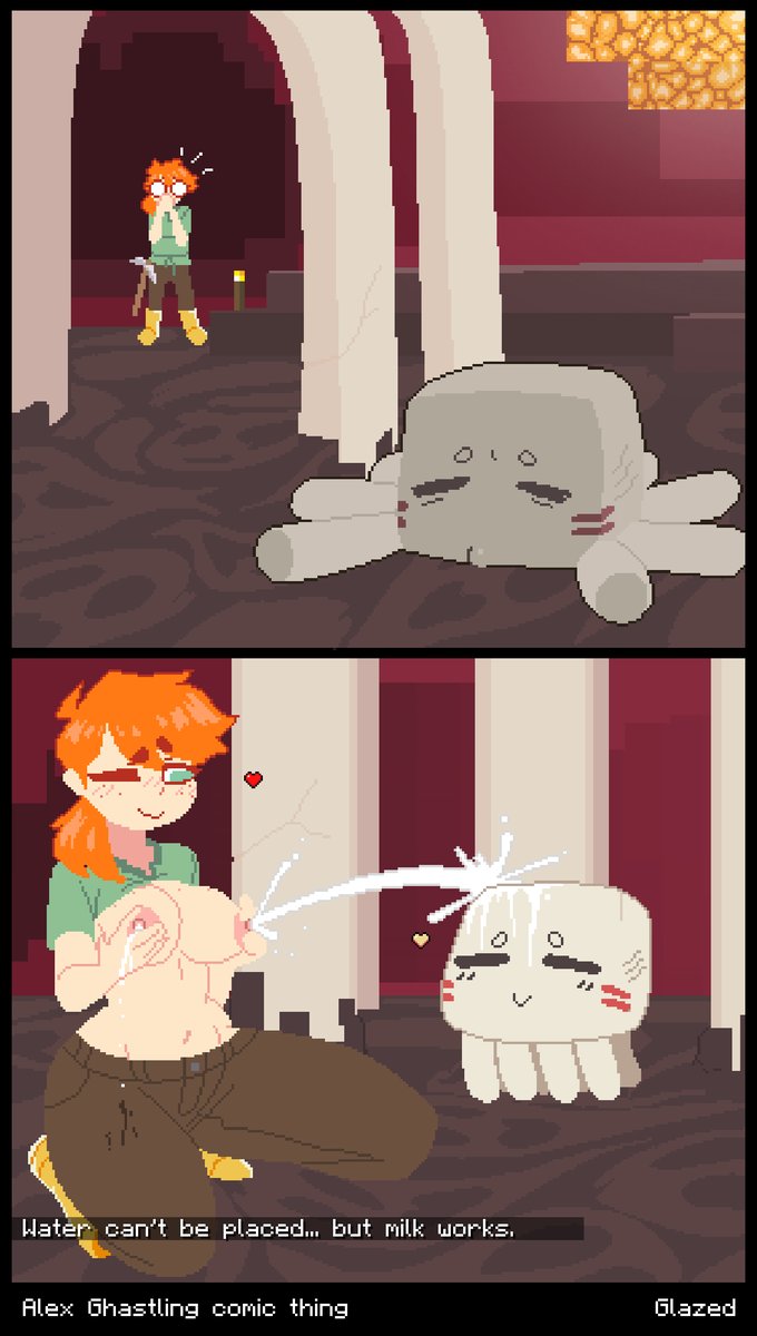 alex (minecraft), ghastling (minecraft), glazed (artist), glazedbakery, green eyes, hydration, lactating, lactation, milk squirt, milking, minecraft, one eye closed, one eye open, orange hair, saving life, squirting milk, stimulating, stimulation, tagme
