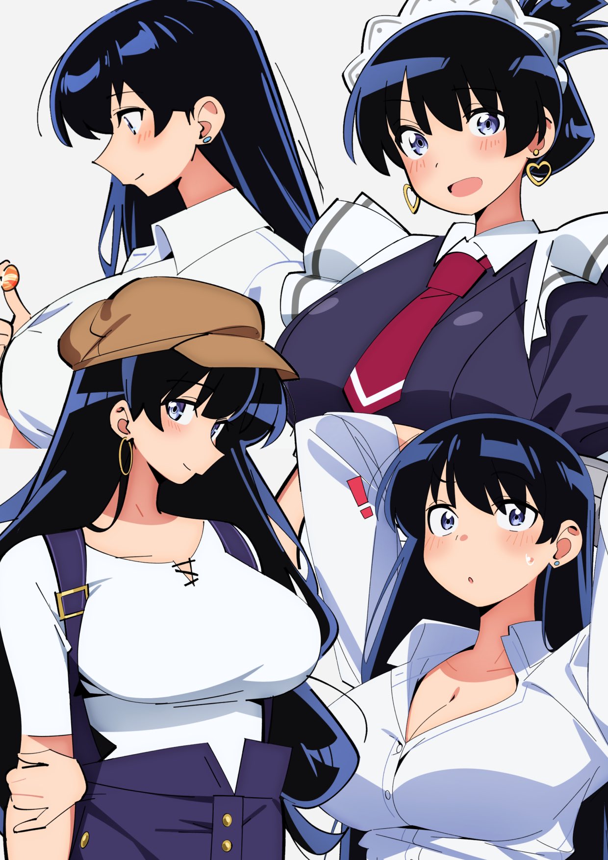 !, 1girls, apron, arato nagi, arms up, big breasts, black hair, blue eyes, blue overalls, blush, breasts, brown hat, buttons, cleavage, closed mouth, collared shirt, commentary, earrings, female, female only, glasses, grey background, hand on own arm, hat, highres, hoop earrings, jewelry, large breasts, long hair, looking at viewer, maid, maid apron, maid headdress, multiple views, overalls, ruri no houseki, sakura 1110ssmm, shirt, short sleeves, simple background, smile, solo, stud earrings, tagme, upper body, white background, white shirt, wrist cuffs