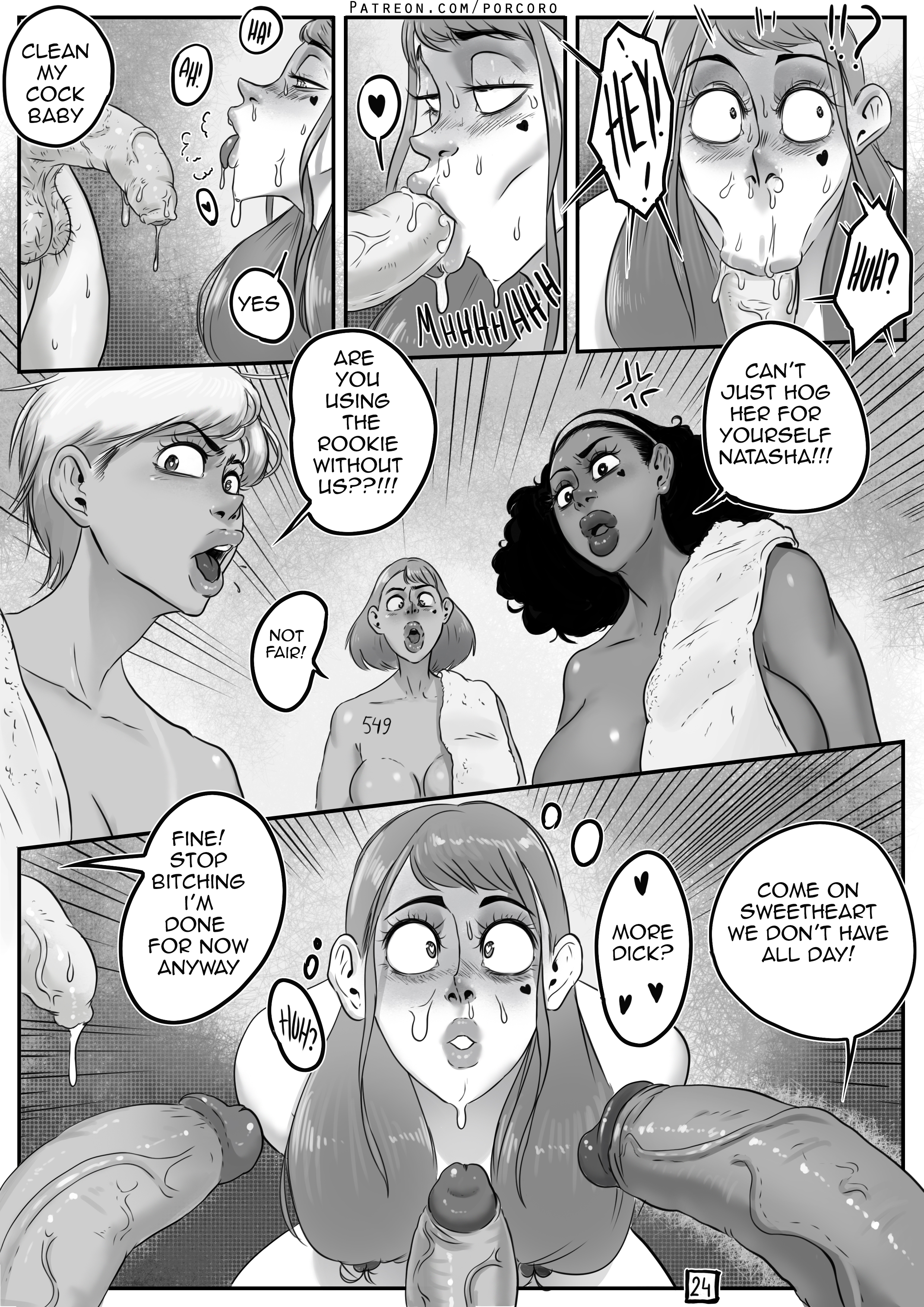bimbo, dark skin, dark-skinned dom, dark-skinned futa, dark-skinned male, dark-skinned sub, femboy, futa on male, futadom, futanari, intersex, large breasts, light skin, light-skinned femboy, light-skinned male, looking at penis, male, porcoro, prison, prisoner, tagme
