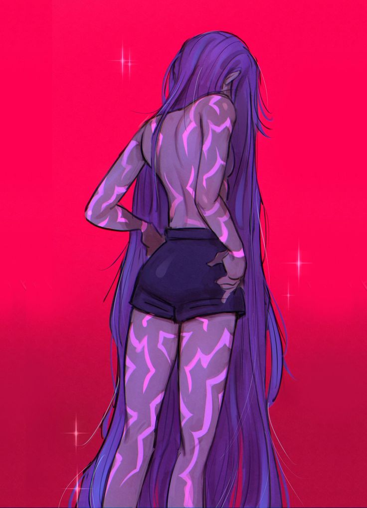 1girls, artist request, asian, asian female, athletic, athletic female, back muscles, back view, extremely long hair, female, female only, glowing markings, half demon, half-demon, korean, korean female, kpop demon hunters, long hair, markings, no shirt, purple hair, rumi (kpop demon hunters), shorts only, solo, solo female, sparkle, sparkles, tagme, toned, toned body, toned female, very long hair