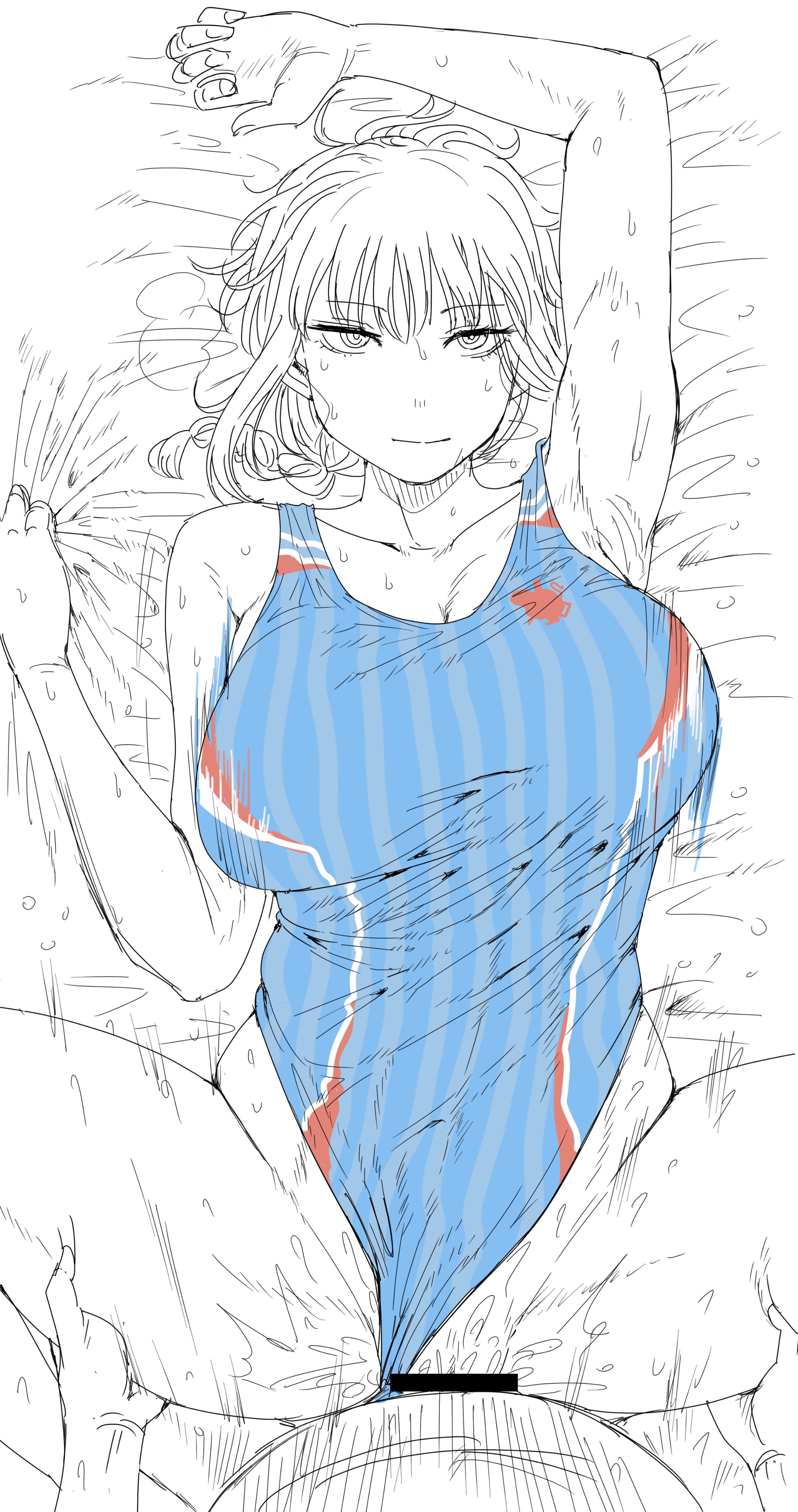 1boy, 1boy1girl, 1girls, big breasts, bodysuit, breasts, busty, busty female, censored, chainsaw man, control devil, emotionless, emotionless female, emotionless sex, female, female penetrated, holding sheet, kaiman garupan, latex, latex bodysuit, latex clothing, latex suit, makima (chainsaw man), male, male penetrating, male penetrating female, male/female, massive breasts, no emotion, sheet grab, sheets, straight, straight face, straight sex, swimsuit, tight bodysuit, unseen character, unseen male, unseen male face