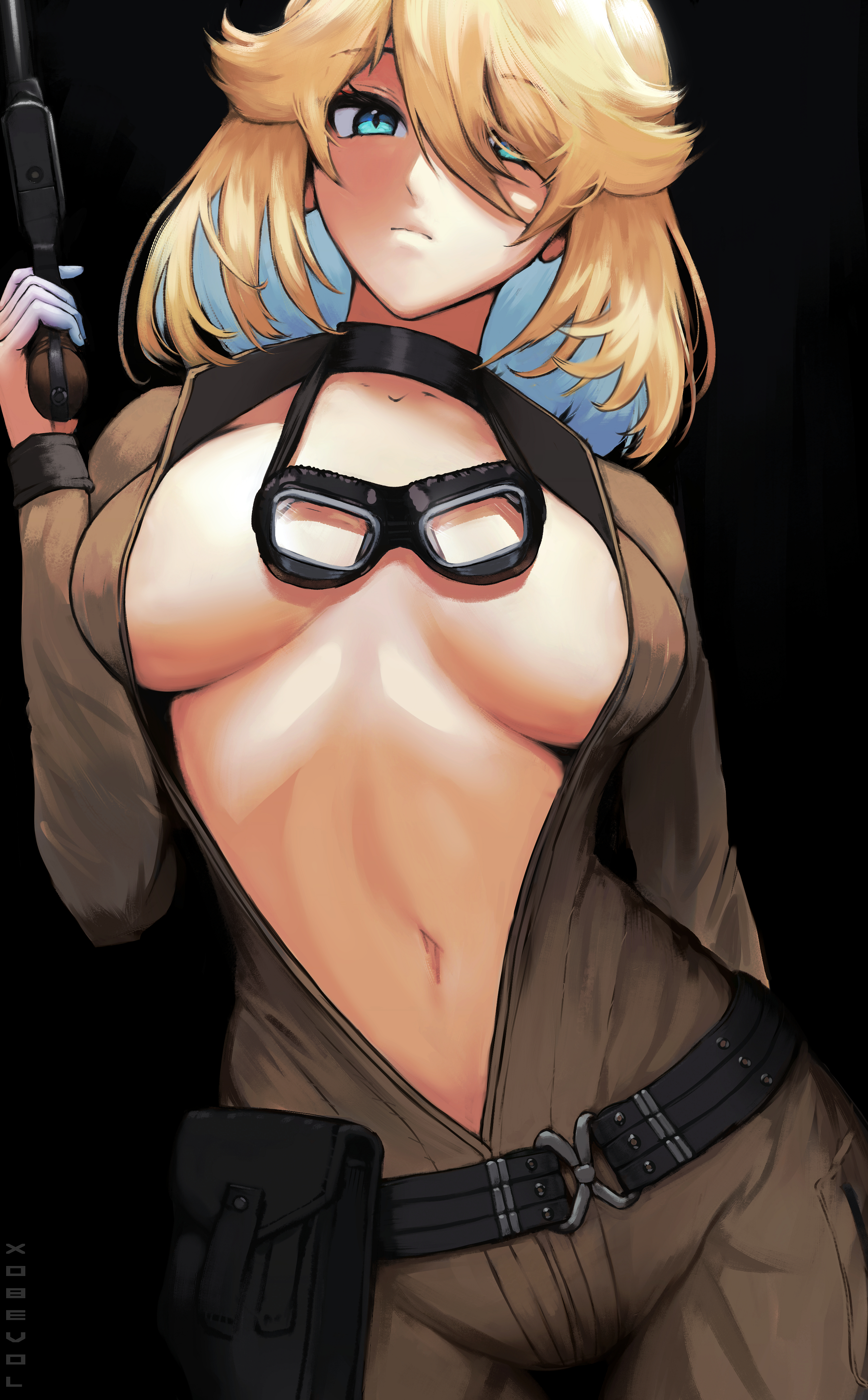 1girls, big breasts, bikesuit, blonde hair, blue eyes, blue hair, breasts, breasts out, cosplay, crossover cosplay, eva (metal gear solid), eva (metal gear solid) (cosplay), female, female only, goggles, gun, inner sideboob, kaneko lumi, large breasts, medium hair, metal gear, metal gear solid, metal gear solid 3, open topwear, phase connect, virtual youtuber, vtuber, xobevol, zipper, zipper down