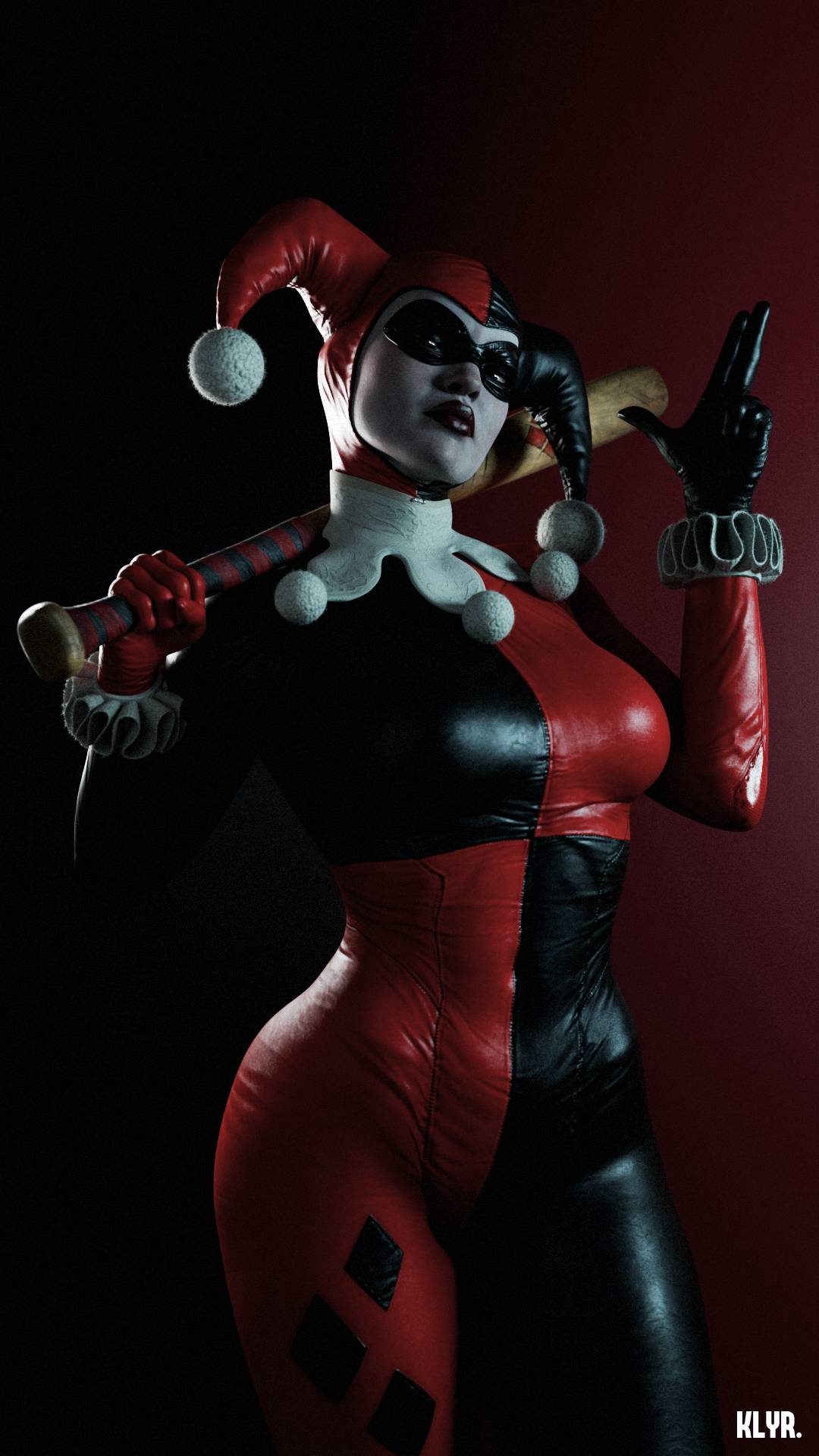 1girls, 3d, ass, attitude, bat, batman (series), curvy, curvy female, curvy figure, curvy hips, dc, dc comics, female, female focus, female only, fingers, harley quinn, harley quinn (classic), harley quinn (injustice), hips, injustice 2, klyrsonaq, leather, leather clothing, looking at viewer, simple background, skin tight, solo, solo female