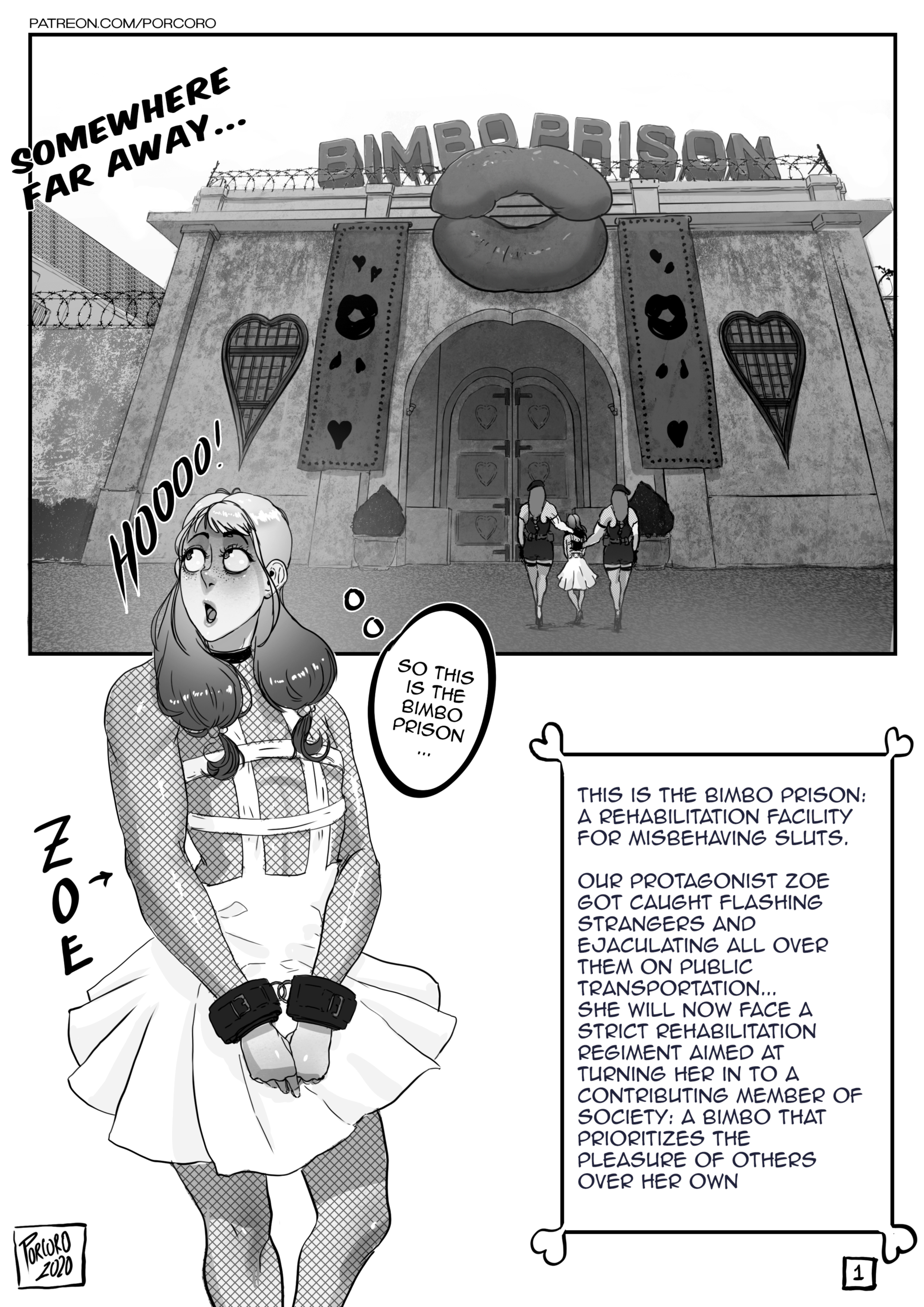 bimbo, comic, dress, femboy, fishnet bodysuit, fishnets, futanari, handcuffs, intersex, male, page 1, page number, porcoro, prison, prisoner, tagme