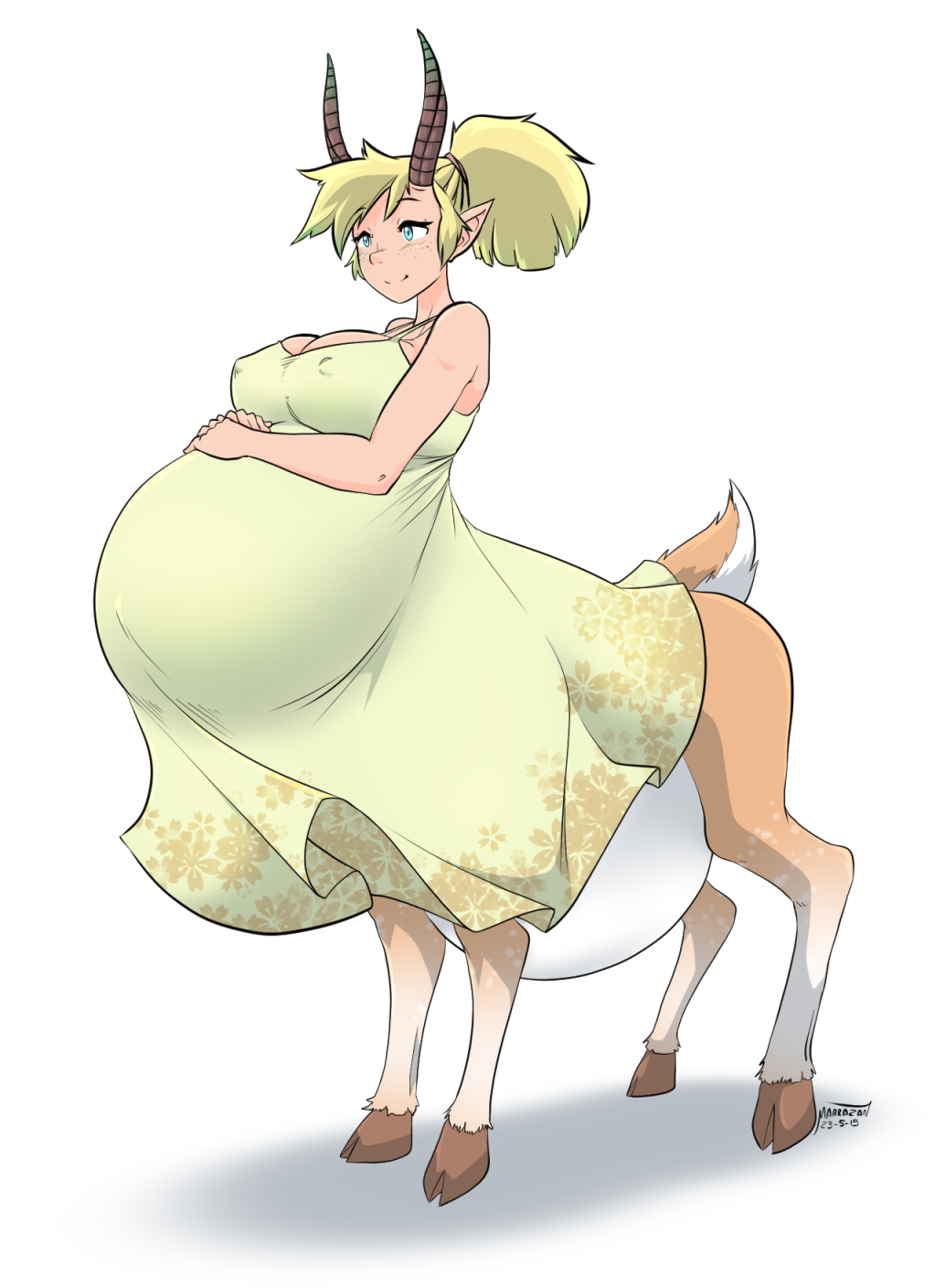 1girls big_breasts breasts centaur cleavage deer_taur erect_nipples female female_only huge_belly large_breasts marrazan nipple_bulge pregnant ready_to_pop solo taur