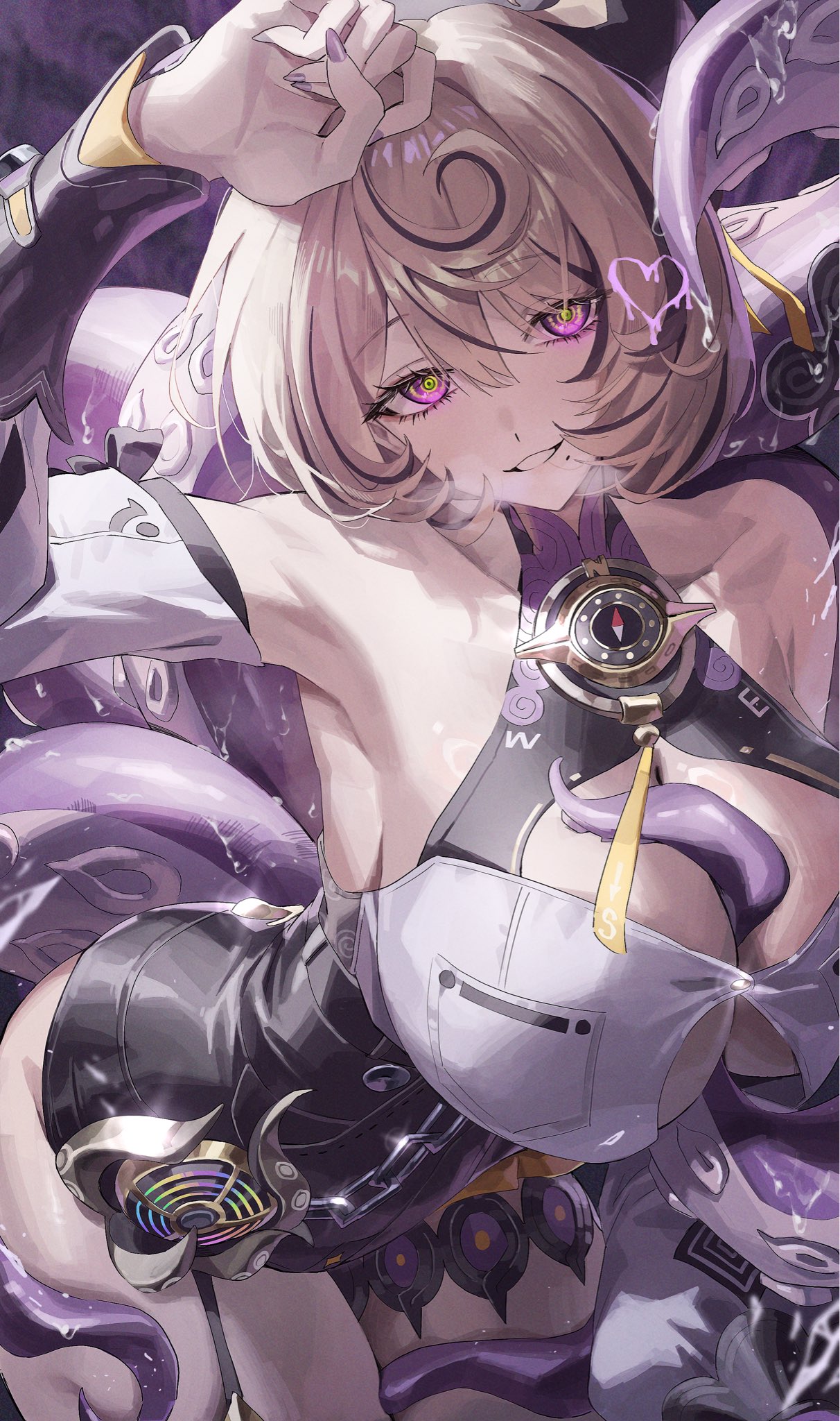 1girls, armpits, breasts, brown hair, detached sleeves, female, female only, hand up, high-waist shorts, highres, large breasts, long hair, long sleeves, looking at viewer, mole, mole under mouth, netural, parted lips, pink eyes, shorts, smile, solo, tentacle, yidhari murphy, zenless zone zero