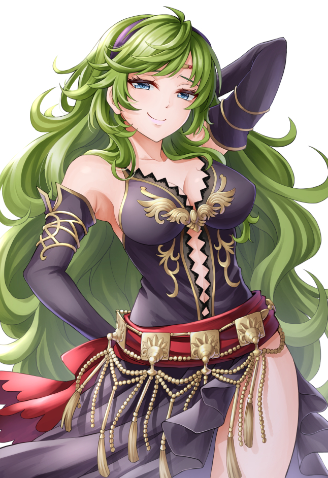 1girls aged_up alternate_breast_size alternate_costume alternate_hair_length alternate_hairstyle arm_behind_head armpits bangs black_dress black_sleeves blue_eyes breasts center_opening cleavage closed_mouth commentary cosplay covered_nipples detached_sleeves dress female fire_emblem fire_emblem:_the_blazing_blade floating_hair green_hair hairband long_hair long_sleeves looking_at_viewer medium_breasts navel nino_(fire_emblem) nintendo older pelvic_curtain pose purple_hairband simple_background sleeveless sleeveless_dress smile solo sonia_(fire_emblem) sonia_(fire_emblem)_(cosplay) standing ten_(tenchan_man) very_long_hair wavy_hair white_background