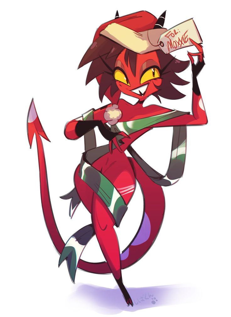 christmas, christmas hat, demon girl, female, helluva boss, millie (helluva boss), ribbon, short hair, slim waist, tail, yellow eyes