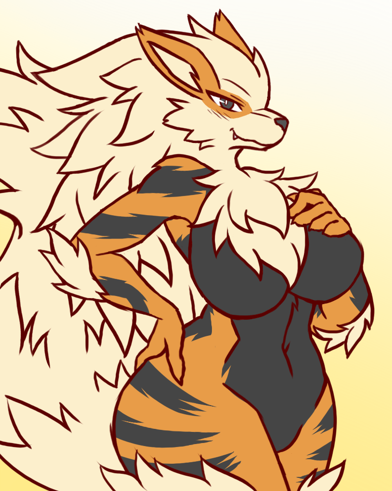 anthro arcanine blush breasts female female_only female_pokemon game_freak grey_eyes looking_at_viewer nintendo orange_body orange_fur pokemon pokemon_(species) rakkuguy simple_background smiling_at_viewer teasing teasing_viewer thighs tiger yellow_hair