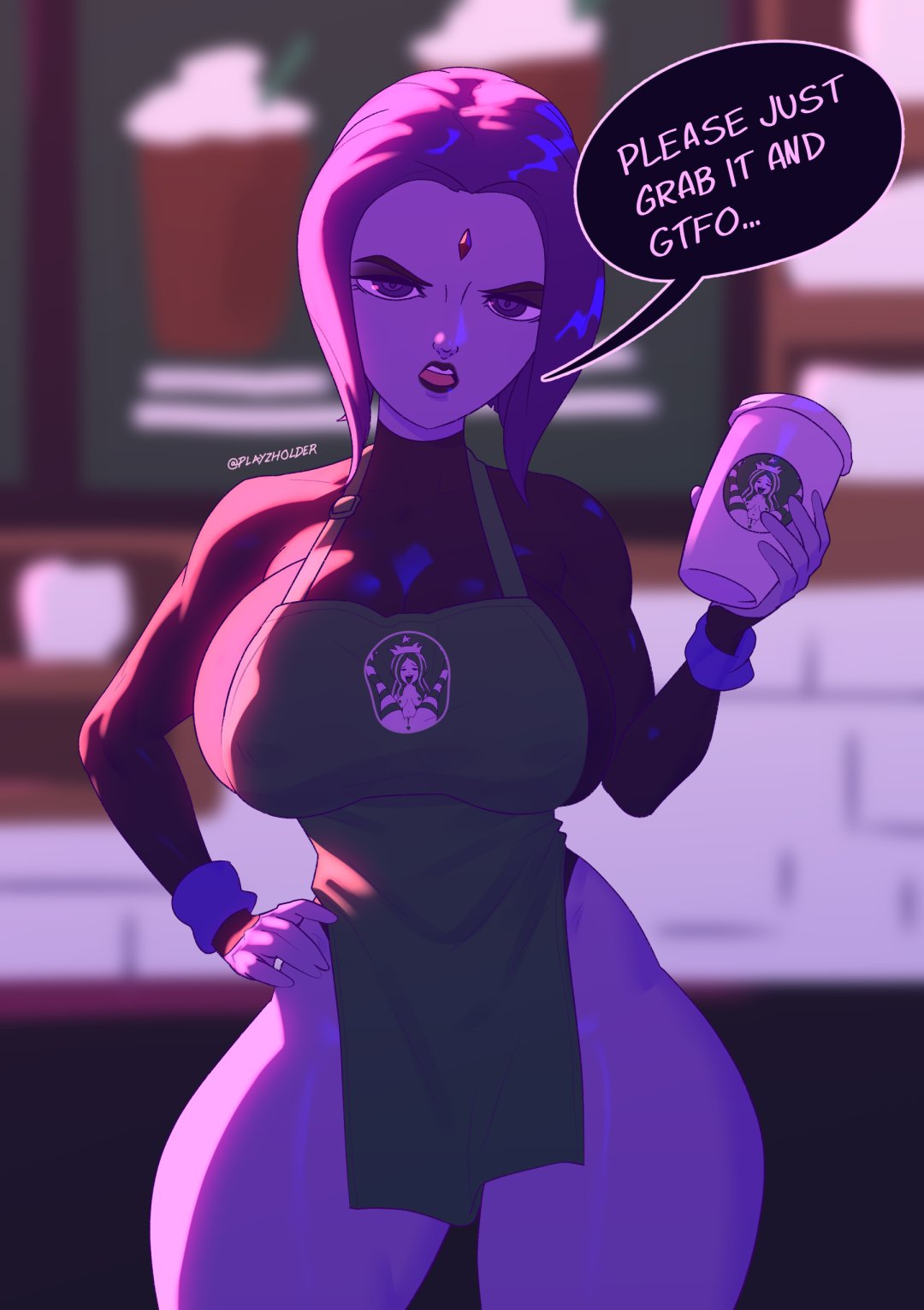 1girls, big breasts, breasts, dc, dc comics, female, female only, iced latte with breast milk, large breasts, looking at viewer, meme, playzholder, rachel roth, raven (dc), solo, starbucks, straight hair, teen titans, thick thighs, wide hips