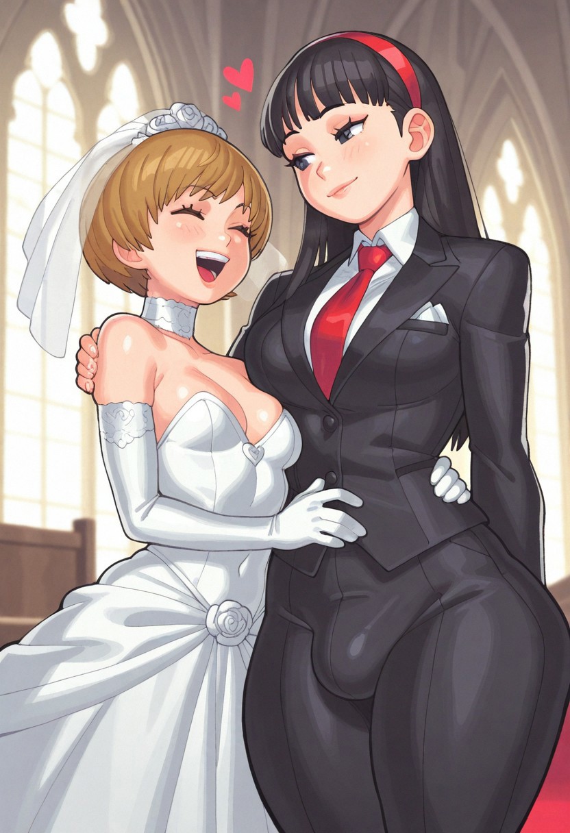 ai generated, amagi yukiko, bulge, clothed, female, futa on female, futa with female, futanari, implied futa, intersex, long hair, majorhooky, persona, persona 4, satonaka chie, short hair, wedding, wedding dress