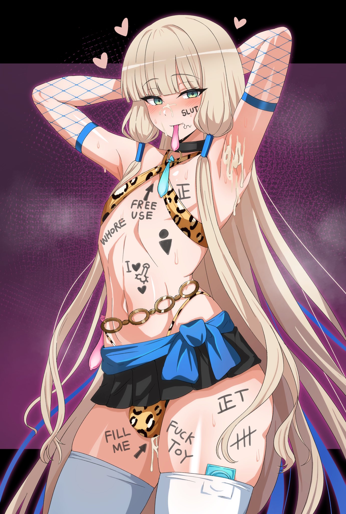 1boy, alternate version available, androgynous, arms behind head, bare shoulders, blue eyes, blue hair, blush, body writing, bulge, choker, condom, condom in mouth, cum, fate (series), fate/grand order, femboy, femboy focus, femboy only, fishnets, footwear, front view, girly, gray hair, heart, human, light skin, light-skinned femboy, light-skinned male, long hair, looking at viewer, male, male focus, male only, multicolored hair, noah (fate), open mouth, pose, posing, shiny, shiny skin, simple background, solo, spread legs, spreading, standing, stray pubic hair, sweat, thick thighs, tied hair, trap, vein, very long hair, zanegoodell