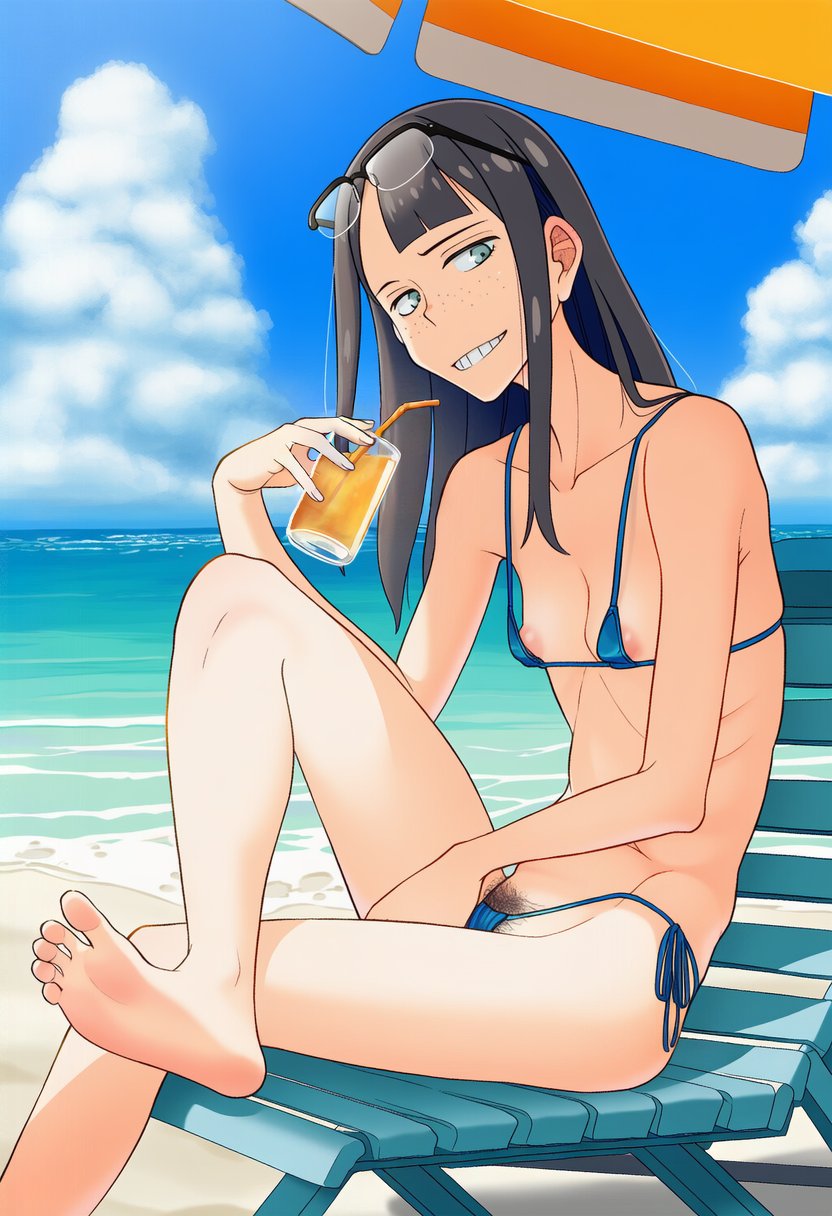 ai assisted, ai generated, areola slip, beach, beach background, beach chair, beach umbrella, breasts, eizouken ni wa te wo dasu na!, feet, female, juice, kanamori sayaka, kokenaart, light skin, micro bikini, pubic hair, sand, small breasts, soles, soles female, solo, straw, toes
