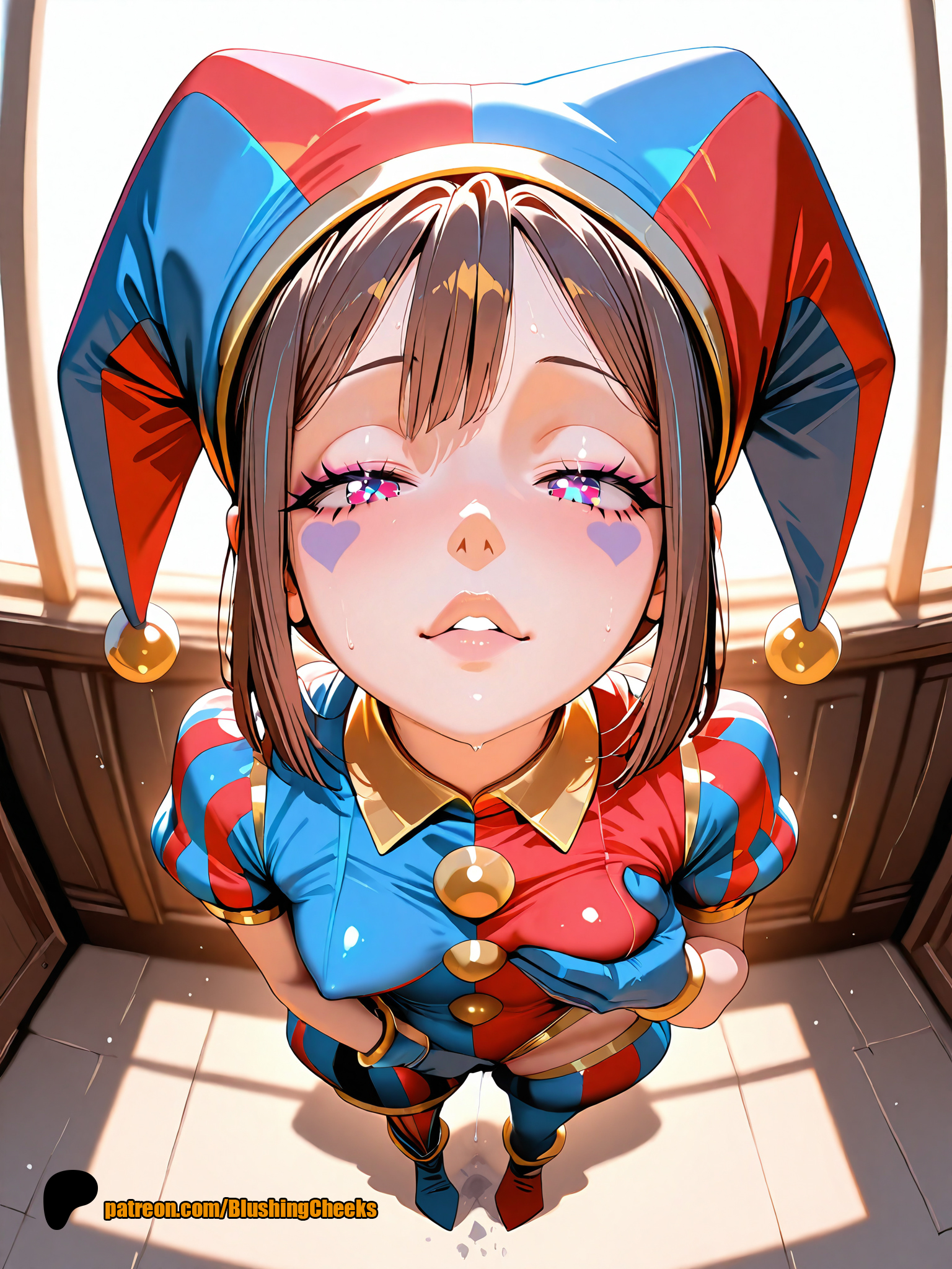 ai generated, aroused, blushingcheeks, breast grab, breasts, brown hair, clothed female, clothed masturbation, digital circus, female, female masturbation, from above, fully clothed, gloves, heart symbol, jester, jester costume, jester girl, jester hat, jester outfit, looking at viewer, masturbation, multicolored eyes, pomni, pomni (the amazing digital circus), pussy, pussy juice, pussy juice drip, small breasts, standing masturbation, the amazing digital circus, tight clothing