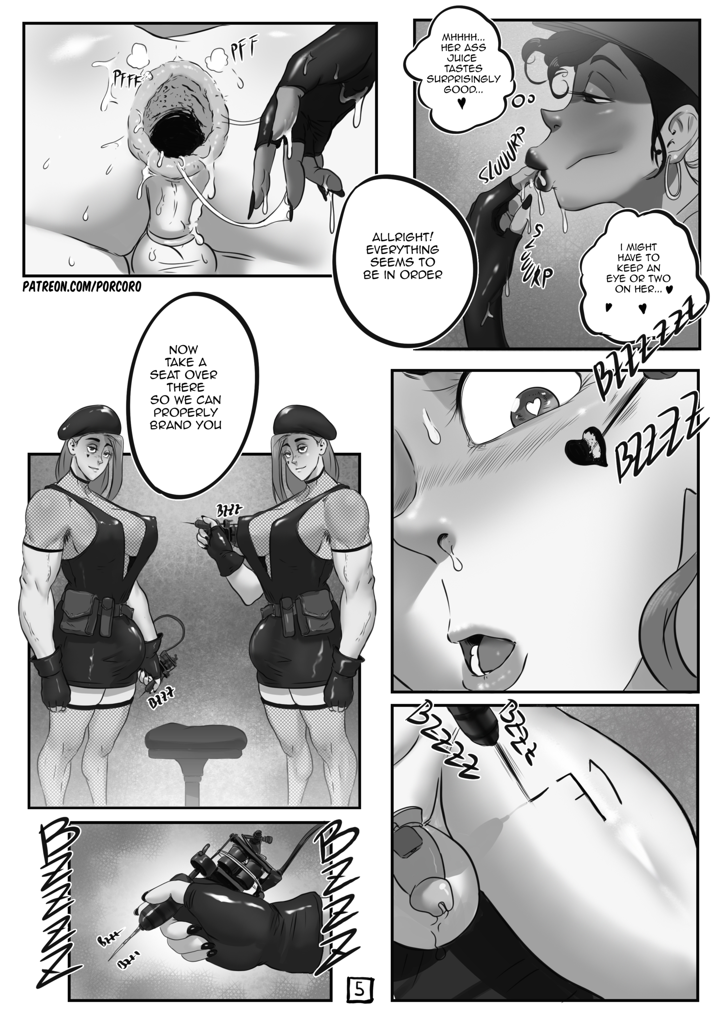 after fisting, anus, bimbo, bulge, bulge through clothing, chastity cage, comic, face tattoo, femboy, fishnet stockings, fishnets, futanari, gaping, gaping anus, greyscale, heart-shaped pupils, intersex, large breasts, male, muscular, muscular futa, page 5, penis size difference, porcoro, prison, prisoner, small penis, tagme, tattoo, tattoo gun, tattoo on legs