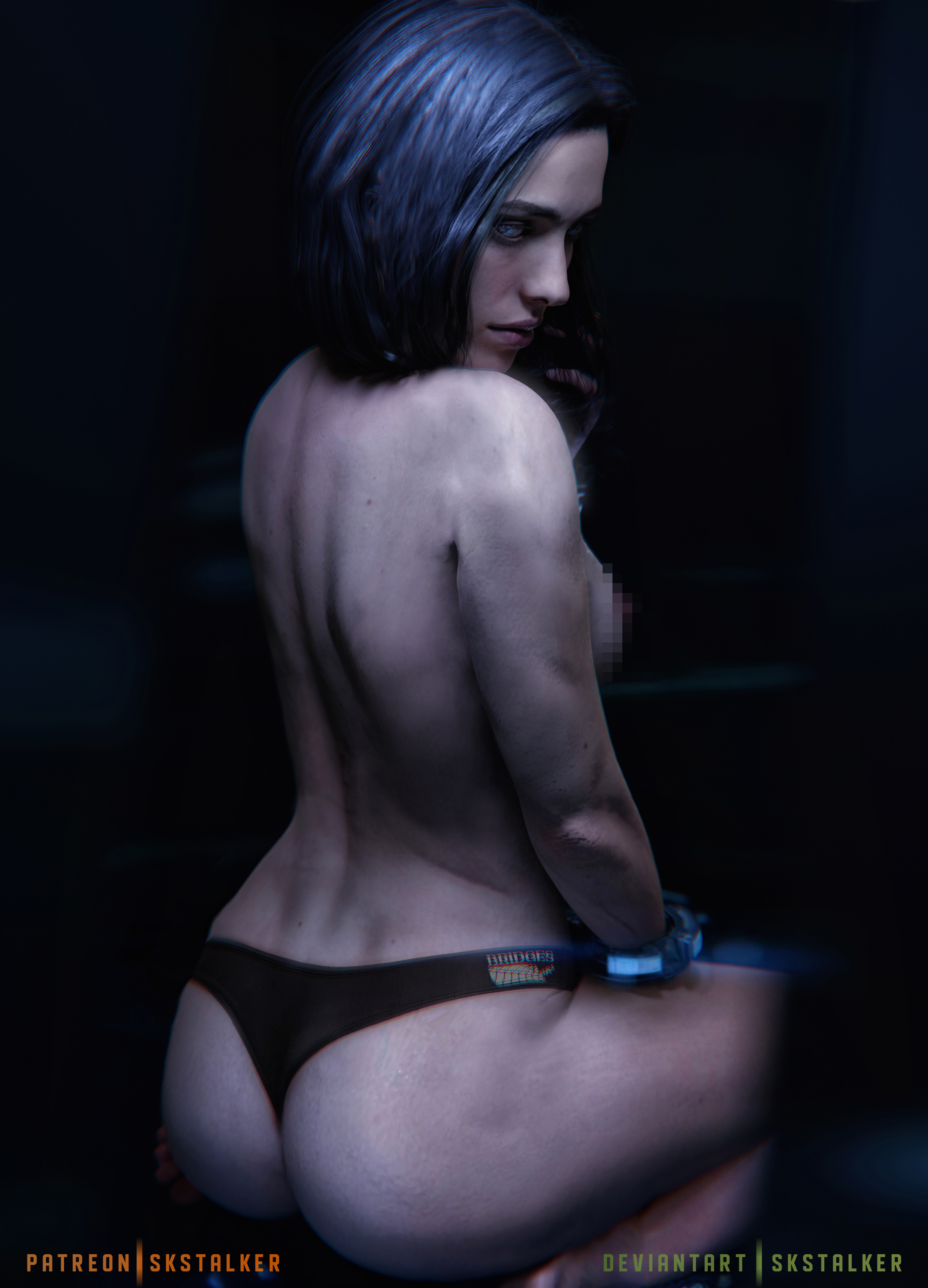 1girls, 3d, 3d (artwork), absurd res, ass, back, back view, black hair, censored, death stranding, female, female focus, female only, handcuffs, lockne (death stranding), looking at viewer, looking back, mosaic censoring, mostly nude, nude, nude female, short hair, skstalker, solo, solo female, solo focus, thong