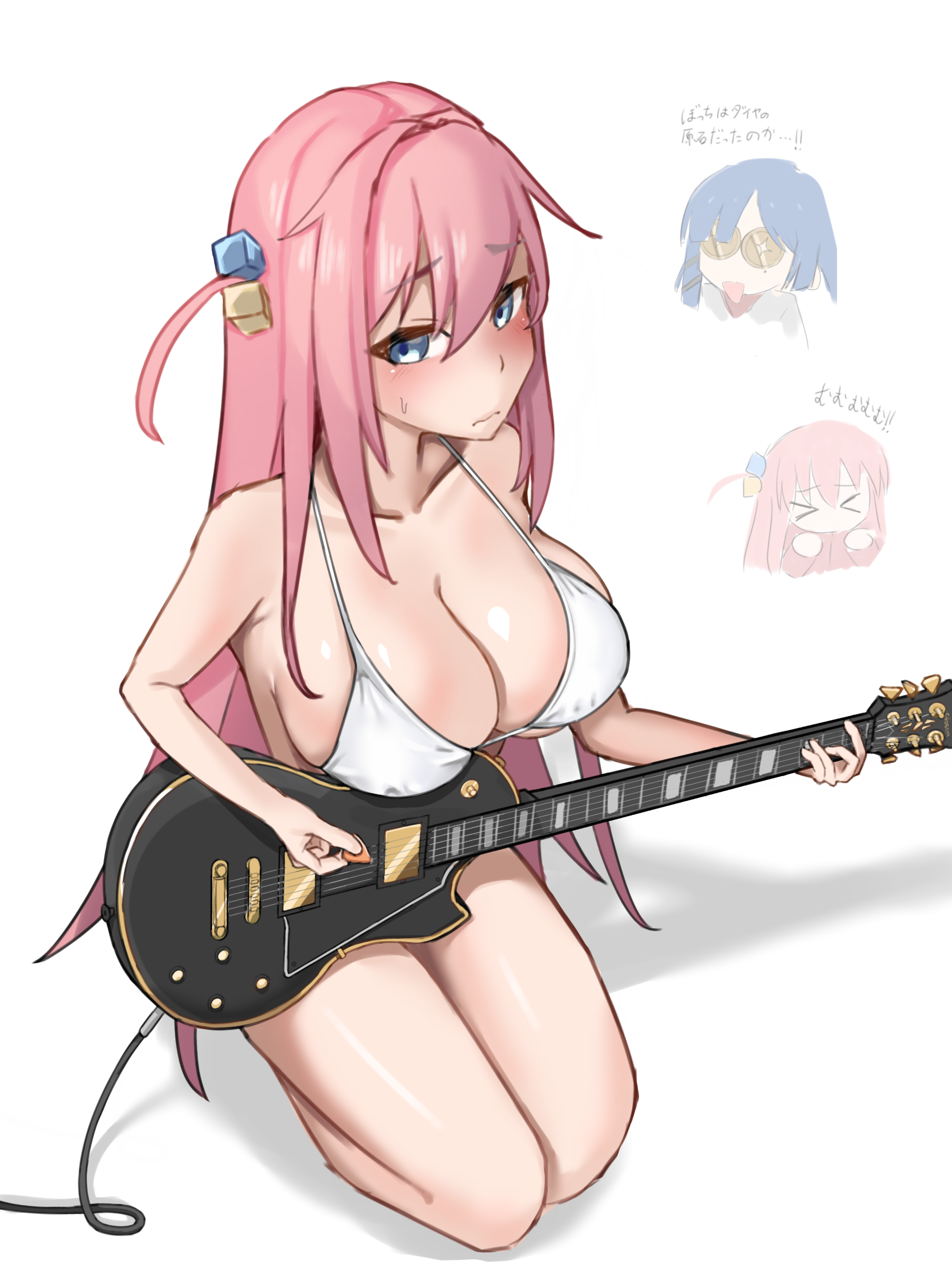 2girls, absurdres, bikini, blue eyes, blush, bocchi the rock!, breasts, cable, chibi, cleavage, closed mouth, collarbone, commentary request, cube hair ornament, dadada (hukutsu bot ), dadada (hukutsu bot), electric guitar, female, female only, full body, gotou hitori, guitar, hair ornament, highres, holding, holding instrument, holding plectrum, instrument, kneeling, large breasts, long hair, multiple females, multiple girls, pink hair, plectrum, side ahoge, skindentation, solo focus, sweat, swimsuit, thighs, tongue out, very long hair, white bikini, yamada ryou