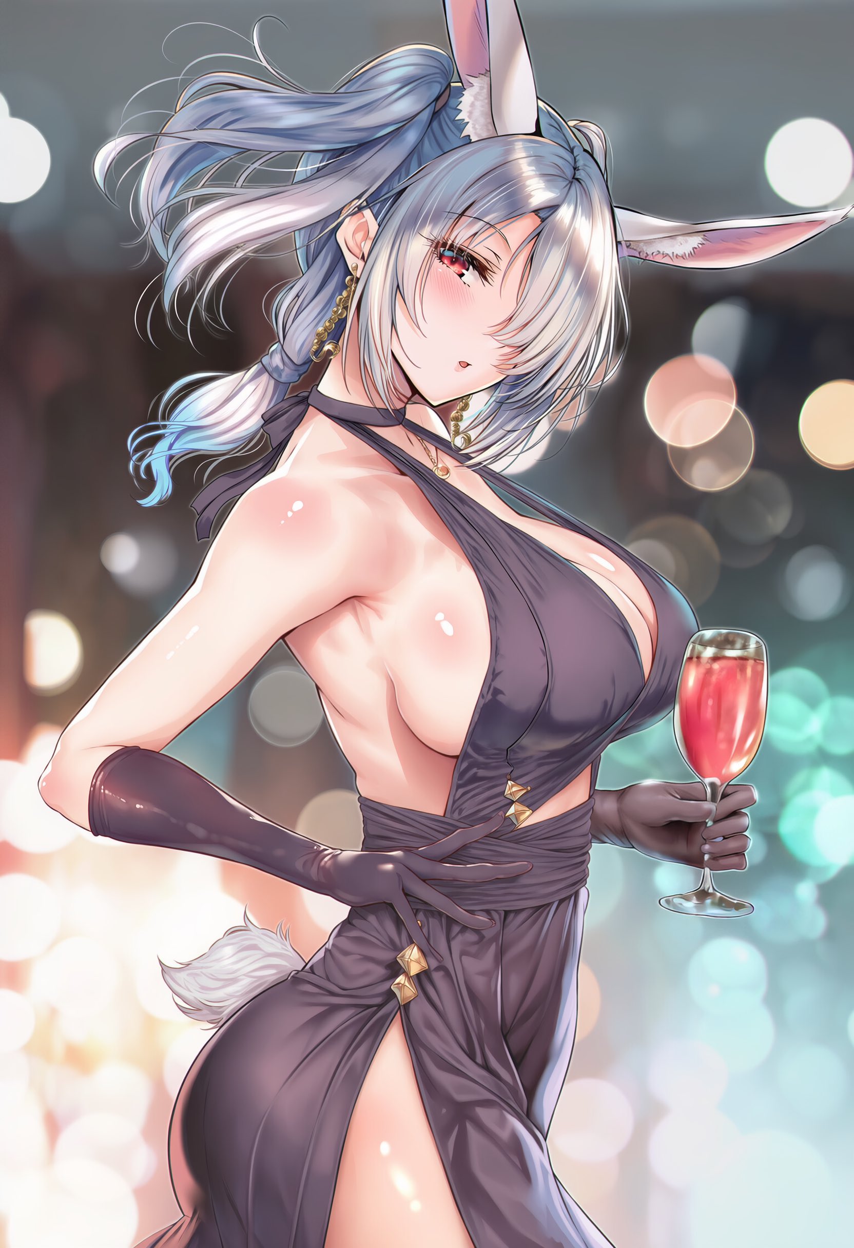 1girls, alternate costume, blue hair, breasts, dress, female, hololive, large breasts, long hair, looking at viewer, pekomama, red eyes, sideboob, solo, virtual youtuber