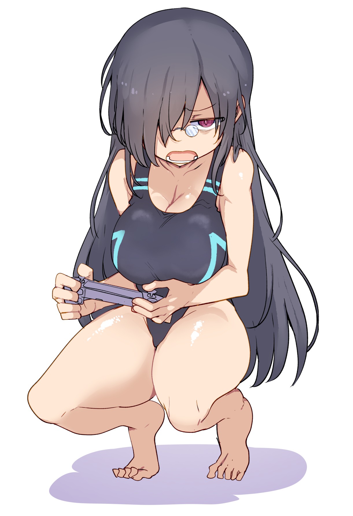 angry face, black hair, breasts, collarbone, cool-kyou shinja, fafnir (dragon maid), female, glasses, highres, large breasts, long hair, looking at viewer, miss kobayashi's dragon maid, official art, open shirt, red eyes, rule 63, squatting, straight hair, swimsuit, very long hair