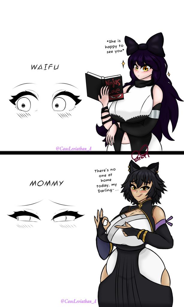 2girls, black hair, blake belladonna, cat ears, entriopy, kali belladonna, milf, mother and daughter, rwby, waifu mommy (meme)