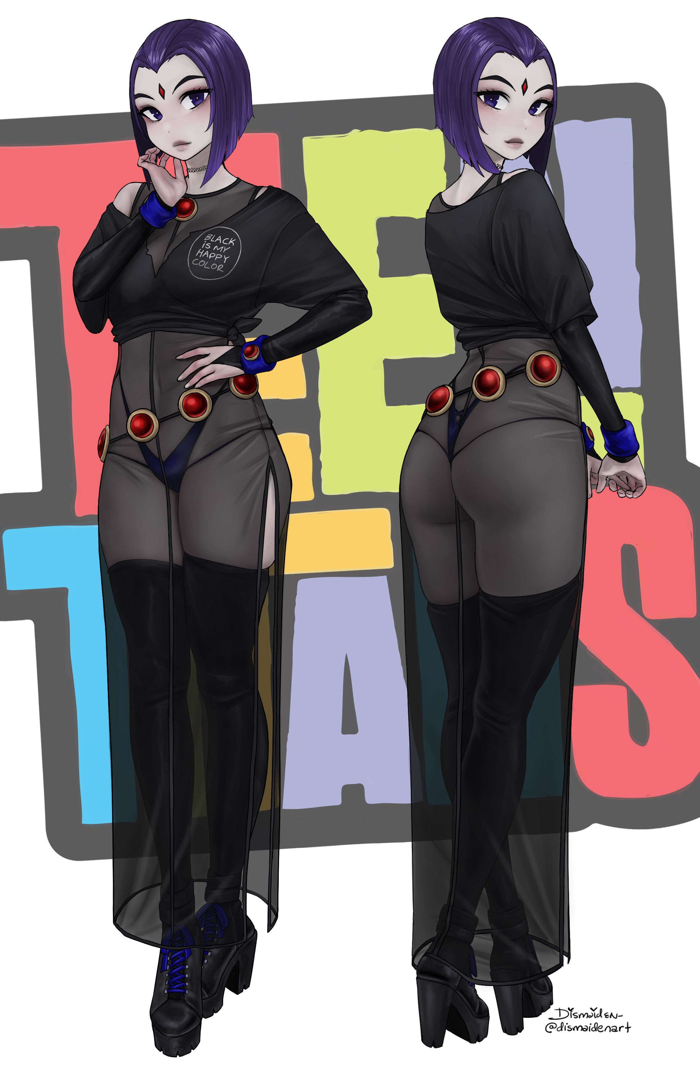 1girls, absurdres, alternate costume, ass, black shirt, black thighhighs, choker, colored skin, cropped shirt, dc, dc comics, dismaiden, dress, female, female only, forehead jewel, full body, goth, goth girl, grey skin, hand up, high heels, highres, multiple views, navel, purple eyes, purple hair, purple lips, rachel roth, raven (dc), see-through clothes, see-through dress, shirt, solo, standing, teen titans, thighhighs, thong