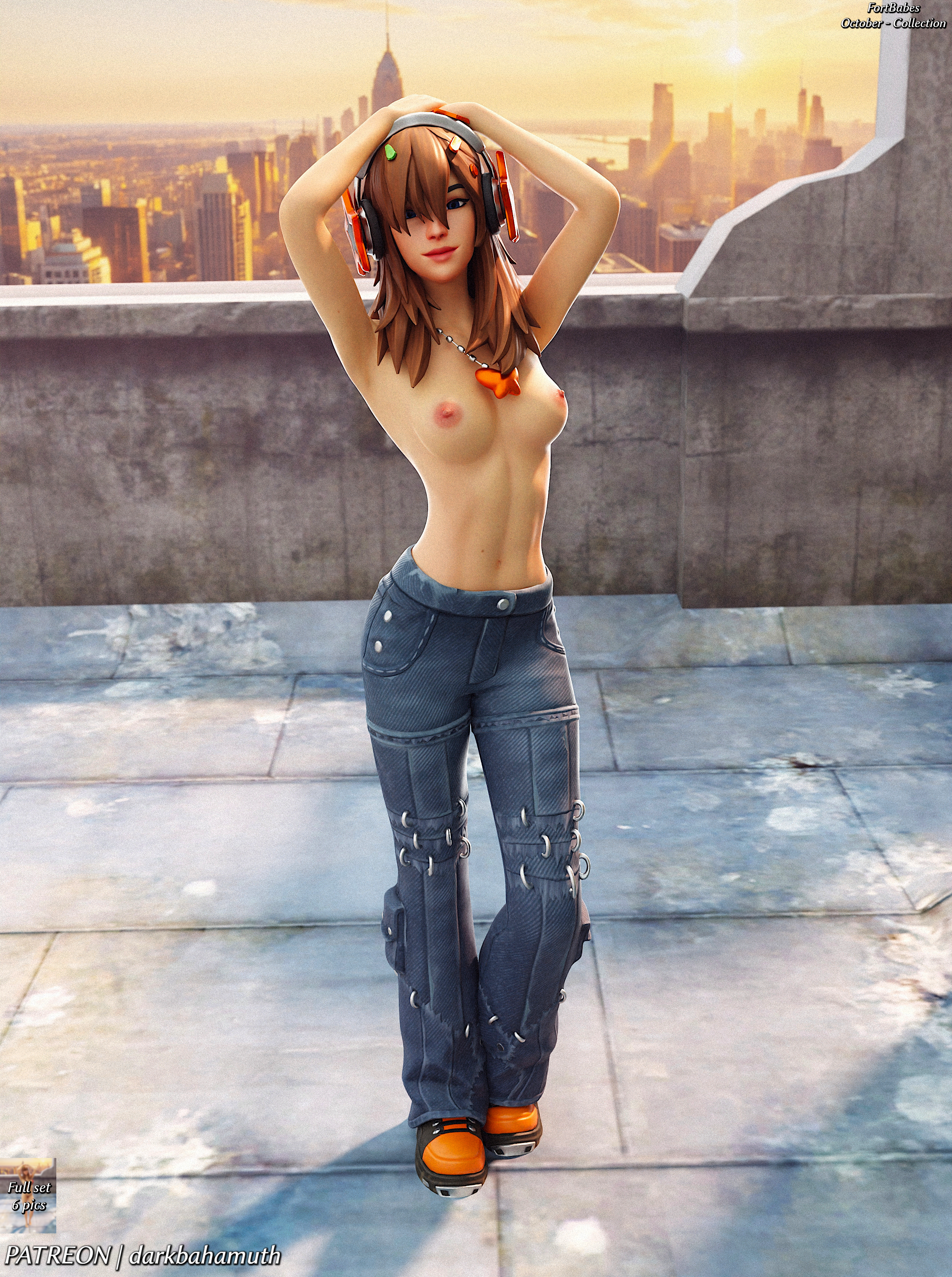 1girls, 3d, 3d (artwork), abs, belly, breasts, city background, darkbahamuth, female, female only, fortnite, jeans, nipples, pinup, pj (fortnite), posing, rooftop, solo female, topless, topless female, topless jeans