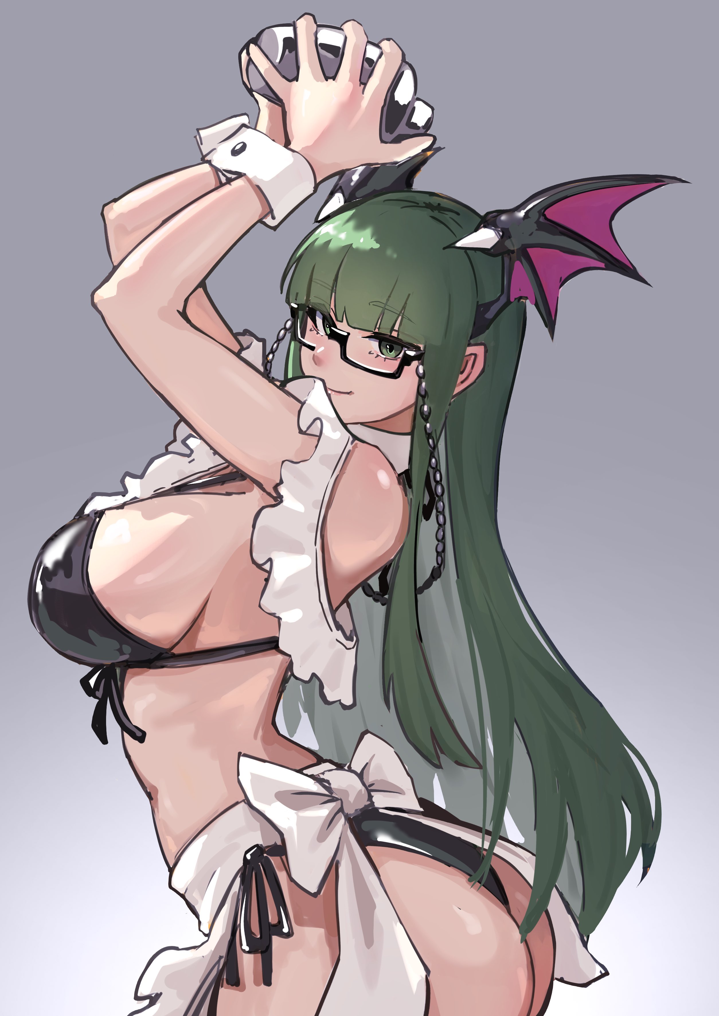1girls, ap cammy, black lingerie, breasts, darkstalkers, female, glasses, green eyes, green hair, lingerie, long hair, morrigan aensland, sideboob, succubus
