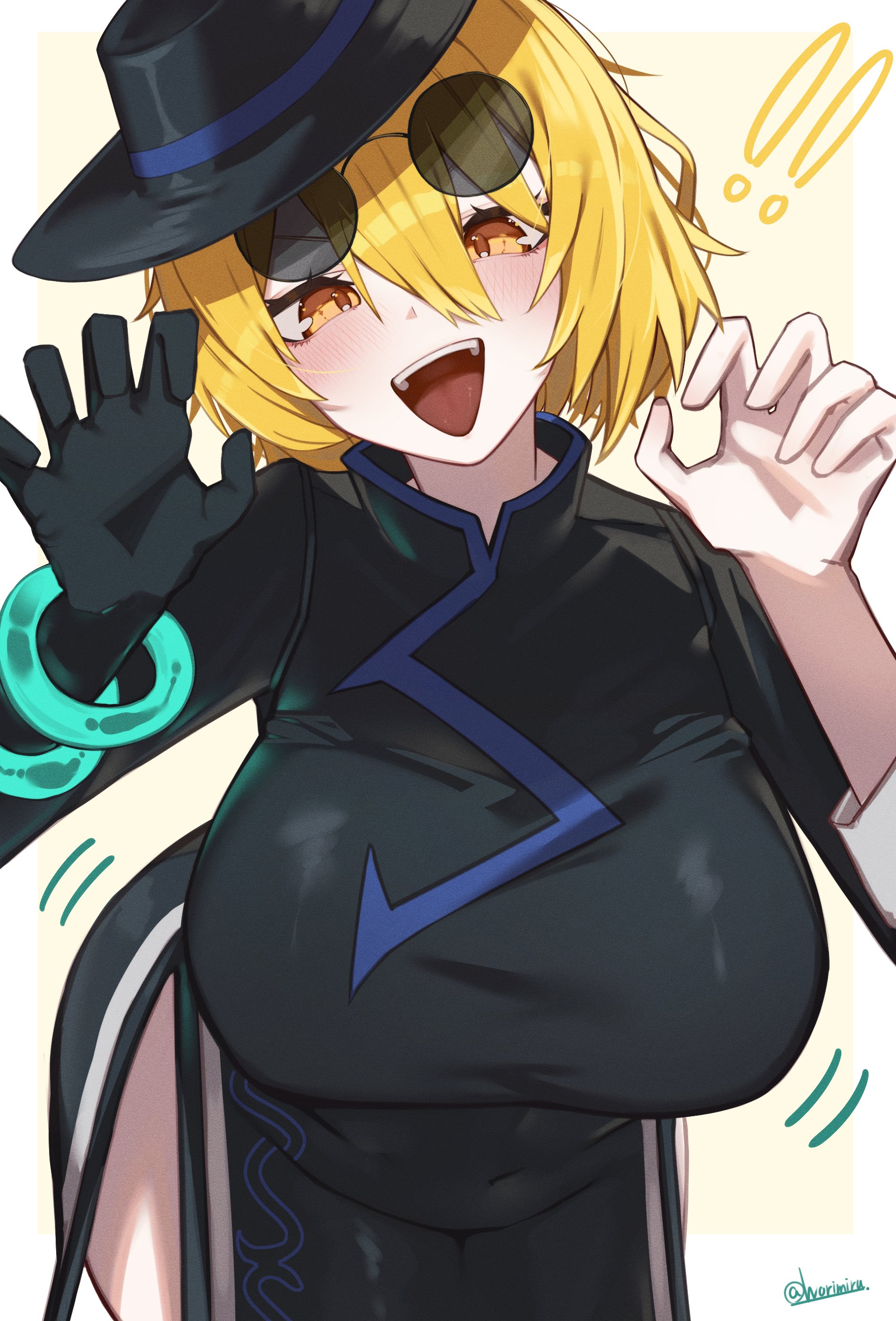 1girls, asymmetrical gloves, bare legs, blonde hair, blush, bracelet, breasts, china dress, chinese clothes, cinq association (identity) (project moon), don quixote (limbus company), female, female only, hair between eyes, huge breasts, large breasts, limbus company, looking at viewer, no panties, open mouth, project moon, short hair, skindentation, smile, sunglasses, worimiru, yellow eyes