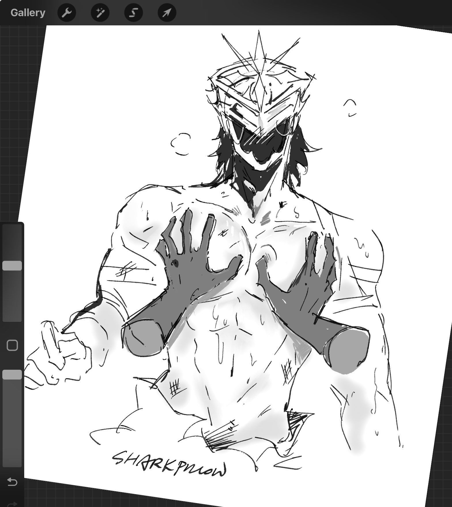 abs, blush lines, capitano (genshin impact), colorless, genshin impact, greyscale, half body, hands, hands on chest, huff, male, male only, mask, masked, monochrome