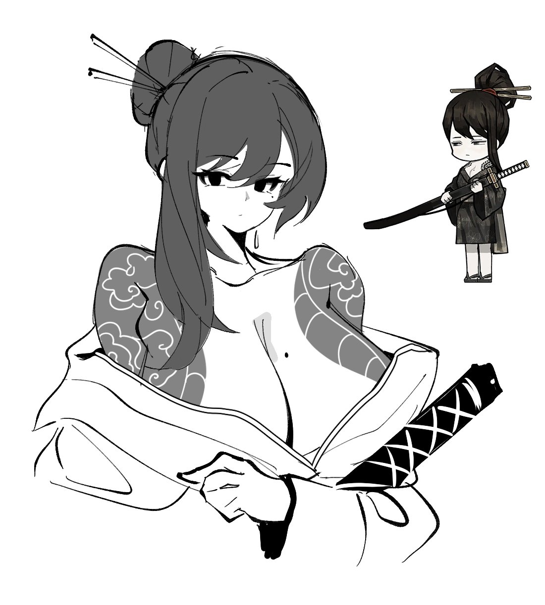 1girls, asian, big breasts, black hair, breasts, cleavage, female, hairbun, irezumi, katana, kimono, kurokumo clan, library of ruina, looking at viewer, medium hair, mole, no color, project moon, sayo (library of ruina), tied hair, yosua 0669