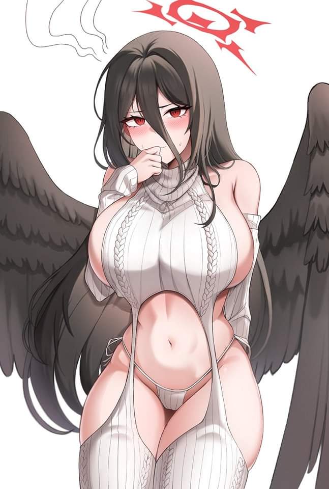 1girls, angel girl, armwear, artist request, big breasts, blue archive, blush, breast out of clothes, breasts, female, female only, g-string, halo, hasumi (blue archive), stockings, trinity general school student, virgin killer sweater, wings