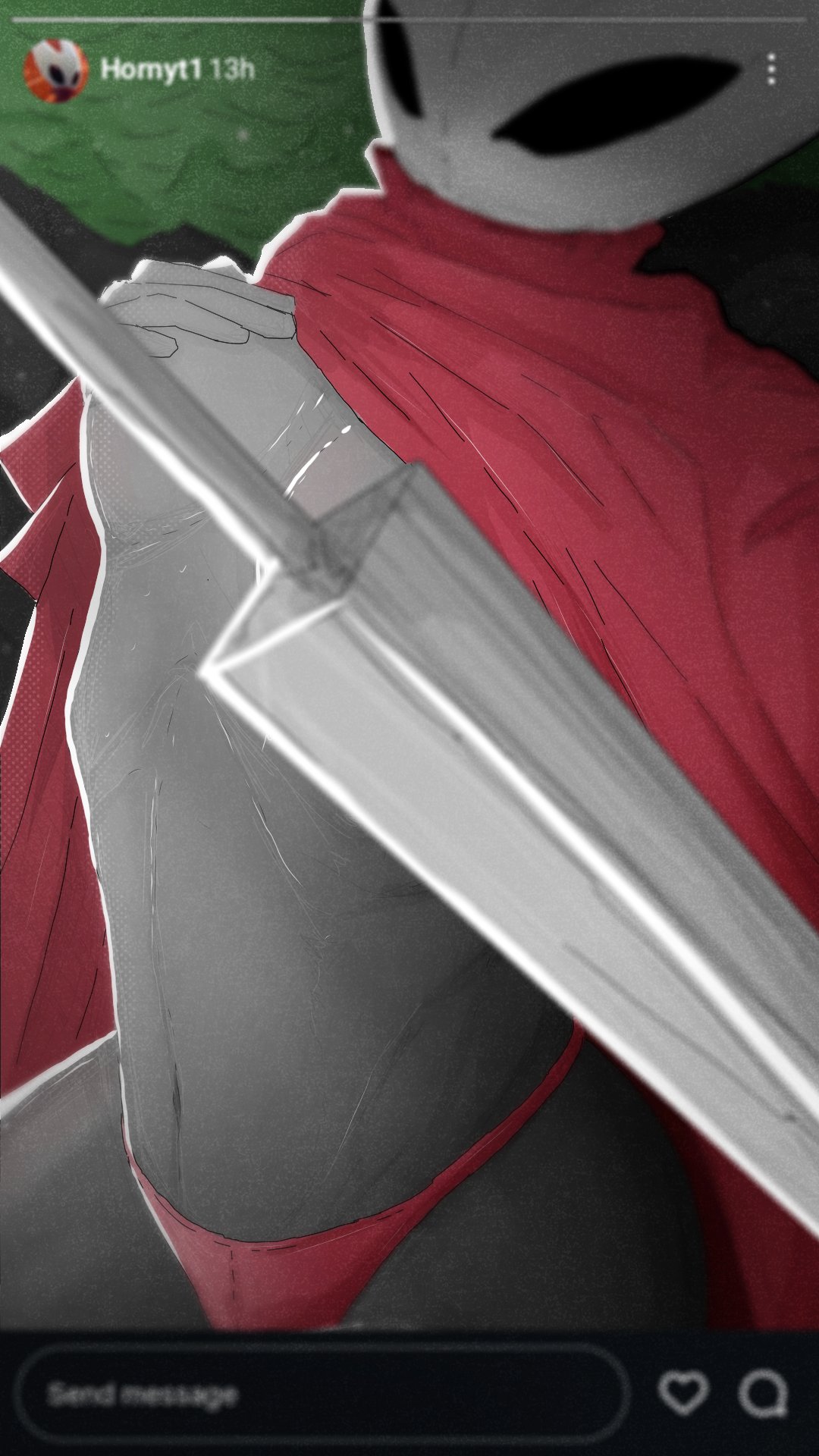 1girl, black body, breasts, bug, bug girl, covered nipples, covering breasts, covering nipples, hollow knight, hollow knight (franchise), hollow knight: silksong, hornet (hollow knight), partially clothed, sending nudes, solo, solo female, spider, spider girl, team cherry, weapon