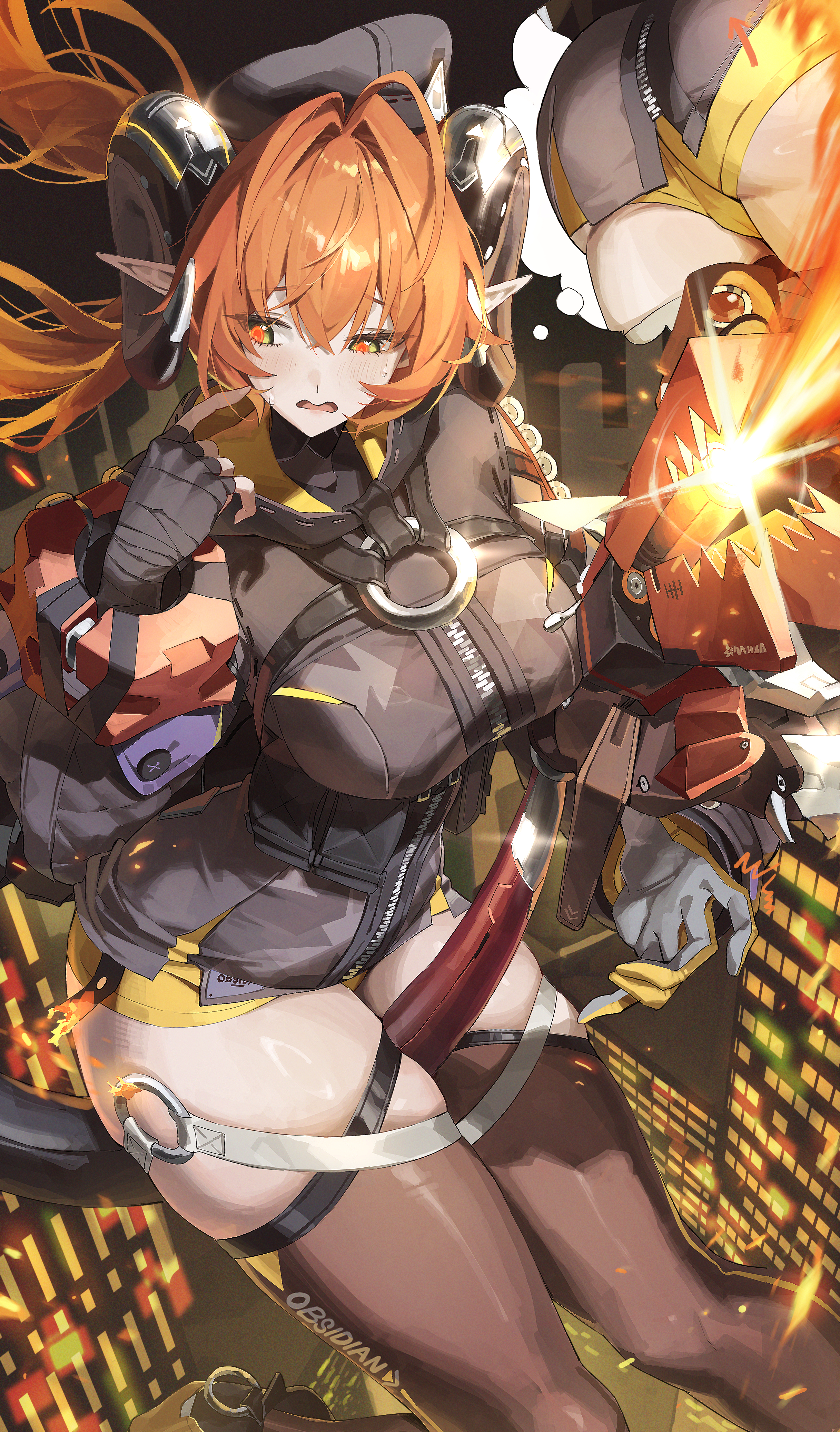 1girls, absurdres, ass, asymmetrical gloves, beret, black dress, black gloves, black hat, black thighhighs, blush, breasts, clothes writing, dress, female, female only, fingerless gloves, gloves, hair between eyes, hat, highres, hood, hood down, hooded dress, horns, large breasts, long hair, long pointy ears, magus (zenless zone zero), mechanical horns, mechanical tail, mismatched gloves, netural, open mouth, orange hair, orphie magnusson, pointy ears, red pupils, short shorts, shorts, single fingerless glove, speech bubble, sweatdrop, tail, thighhighs, thighs, thought bubble, upskirt, very long hair, yellow eyes, yellow gloves, yellow shorts, zenless zone zero