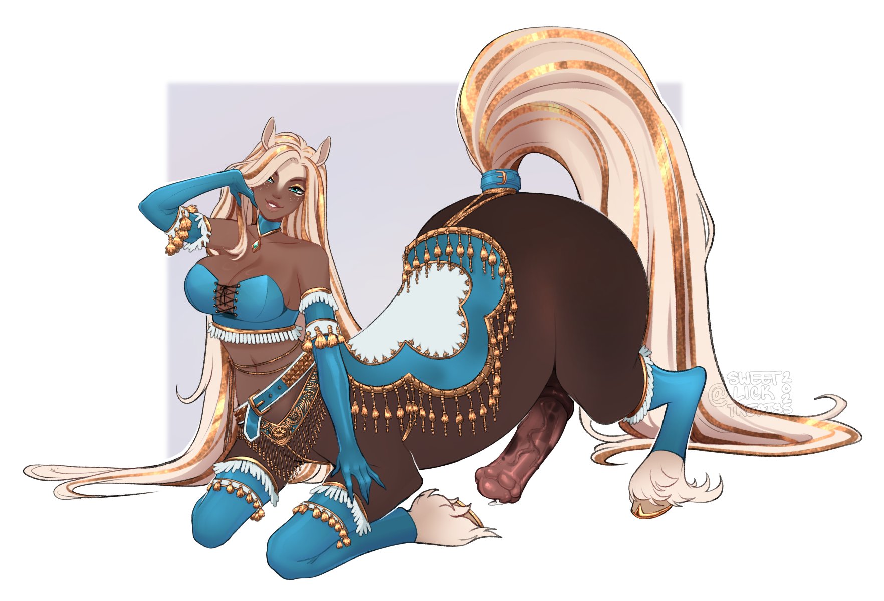 1futa, animal genitalia, blonde hair, blue eyes, centaur, dark skin, dark-skinned futa, female, futa only, futanari, futataur, horsecock, horsecock futa, intersex, leaking cum, lingerie, monster girl, sweetburn, sweetlicktreats