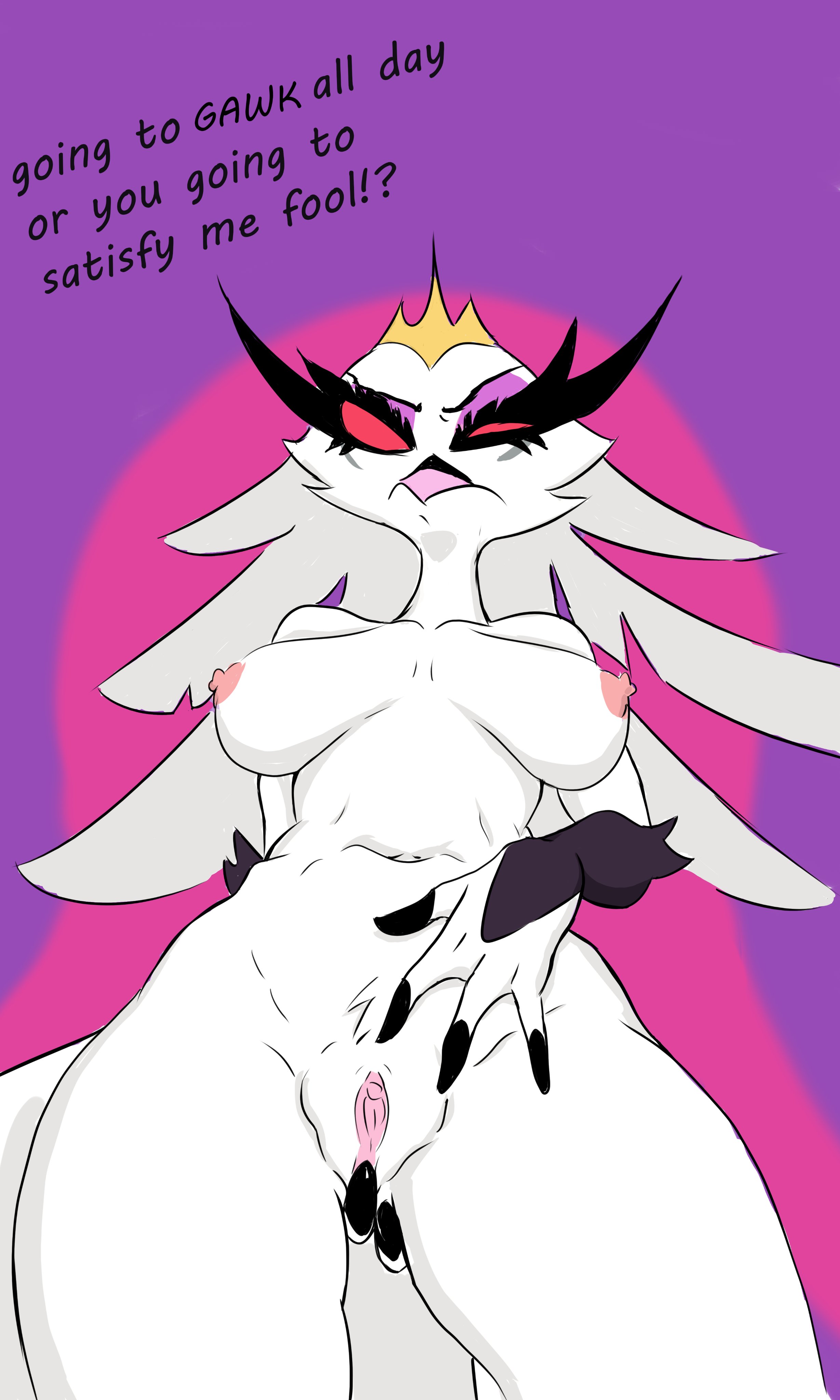 1girls, absurd res, angry, anthro, aptom7747, avian, big breasts, bird, breasts, claws, clothing, crown, demon, dialogue, feathers, female, female only, genitals, helluva boss, hi res, legwear, looking at viewer, low-angle view, mature female, milf, mostly nude, navel, nipples, non-mammal breasts, owl, pink nipples, pink pussy, pussy, red eyes, simple background, solo, stella (helluva boss), thigh highs, vivienne medrano, white body, white feathers