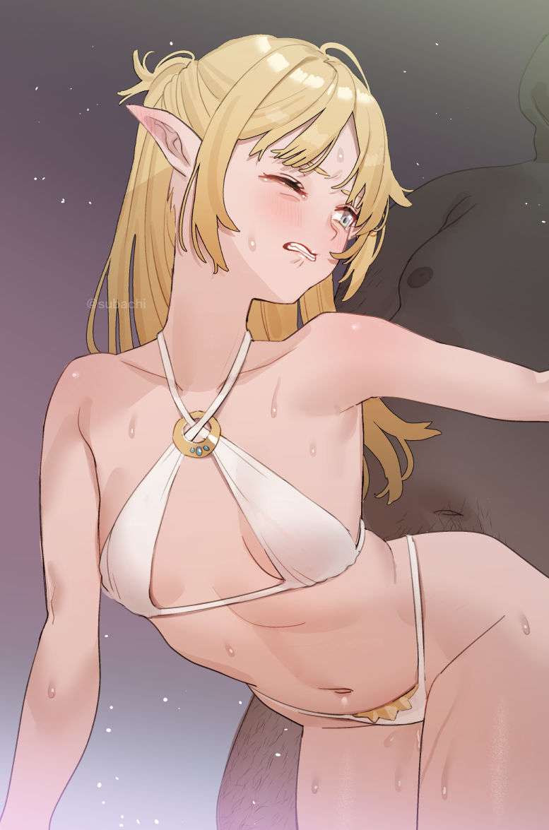 blonde_hair elf elf_ears elf_female fat_man female from_behind implied_sex pointy_ears questionable_consent subachi tagme