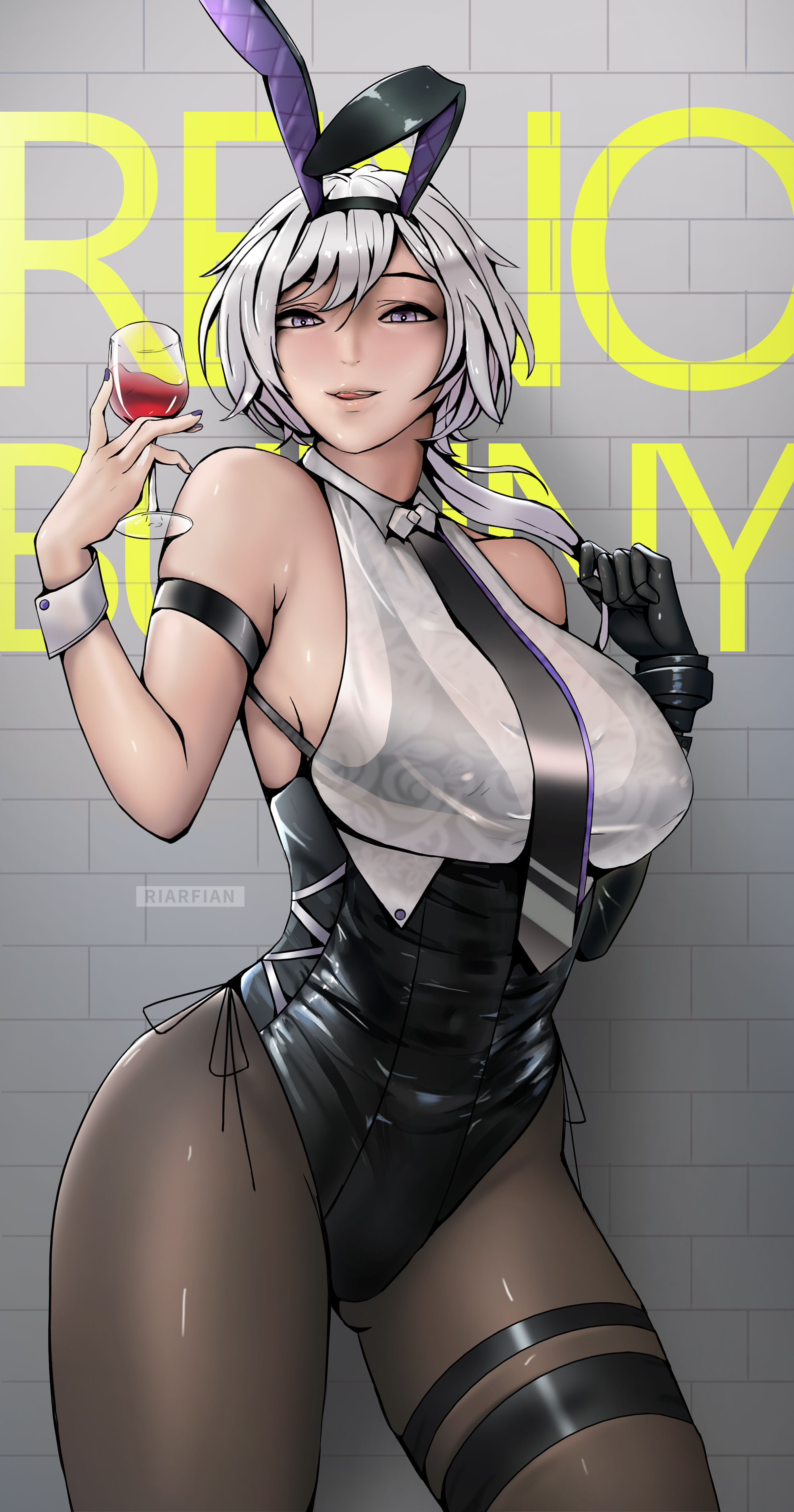 1girls, animal ears, azur lane, backless leotard, bangs, bare shoulders, black gloves, black leotard, black swimsuit, blush, breasts, brown legwear, bunny ears, clothing, elbow gloves, female, female only, gloves, high resolution, highleg, highleg leotard, huge breasts, large breasts, legwear, leotard, looking at viewer, navel, official alternate costume, open mouth, pantyhose, playboy bunny, purple eyes, rabbit ears, reno (azur lane), reno (reno bunnino) (azur lane), riarfian, short hair, silver hair, single elbow glove, solo, solo female, swimsuit, thighband, thighband pantyhose, thighs, topless, very high resolution, wrist cuffs