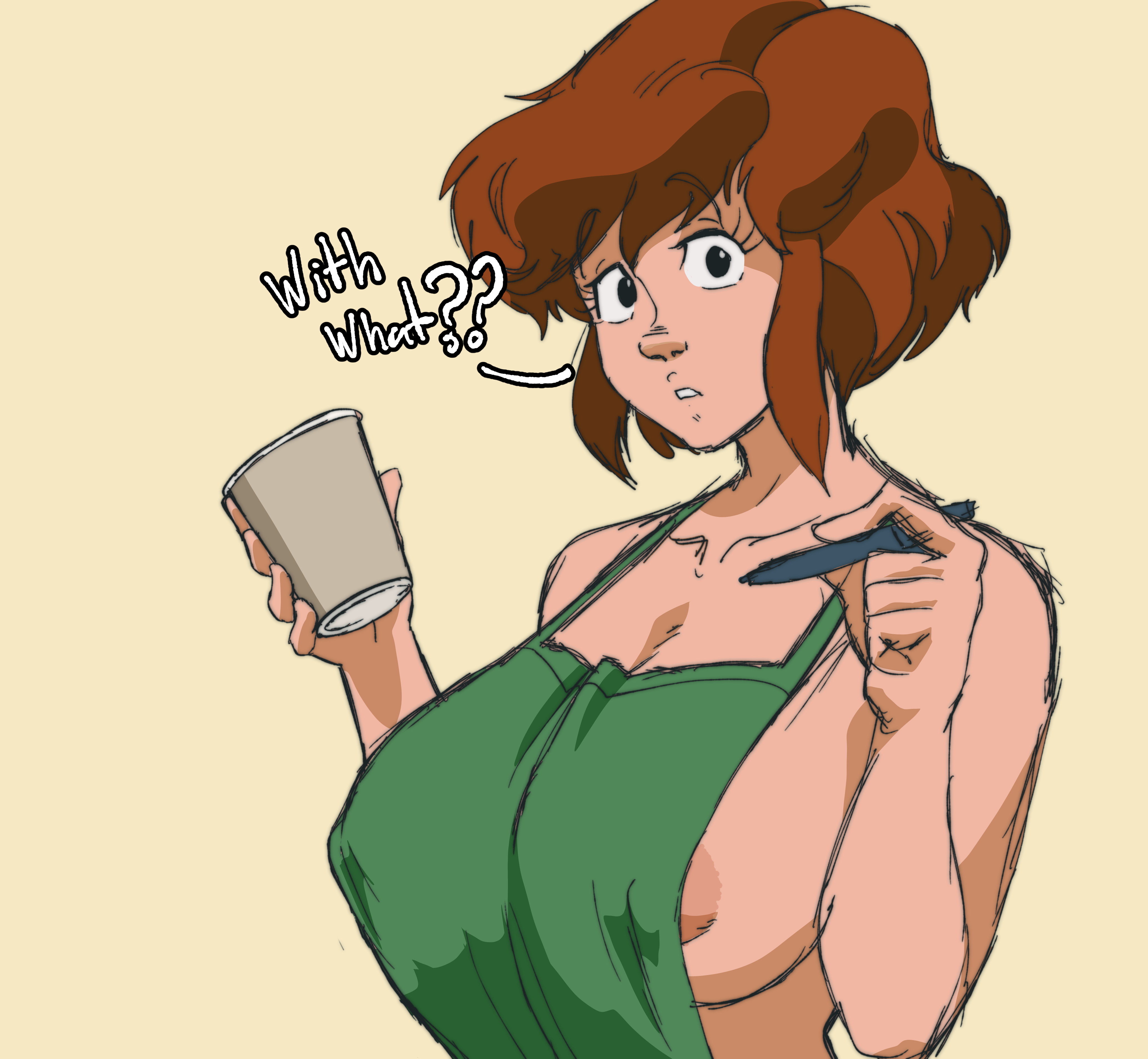 1girls, absurd res, april o'neil, april o'neil (tmnt 1987), apron, apron only, areola, areola slip, asking, barista, black eyes, breasts, brown hair, cleavage, confused, confused look, cup, erect nipples, erect nipples under clothes, female, female only, holding cup, holding pen, huge breasts, iced latte with breast milk, inker comics, inkershike, meme, naked apron, nipple slip, nipples, nipples visible through clothing, questioning, sketch, solo, starbucks, surprised, teenage mutant ninja turtles, unhappy female