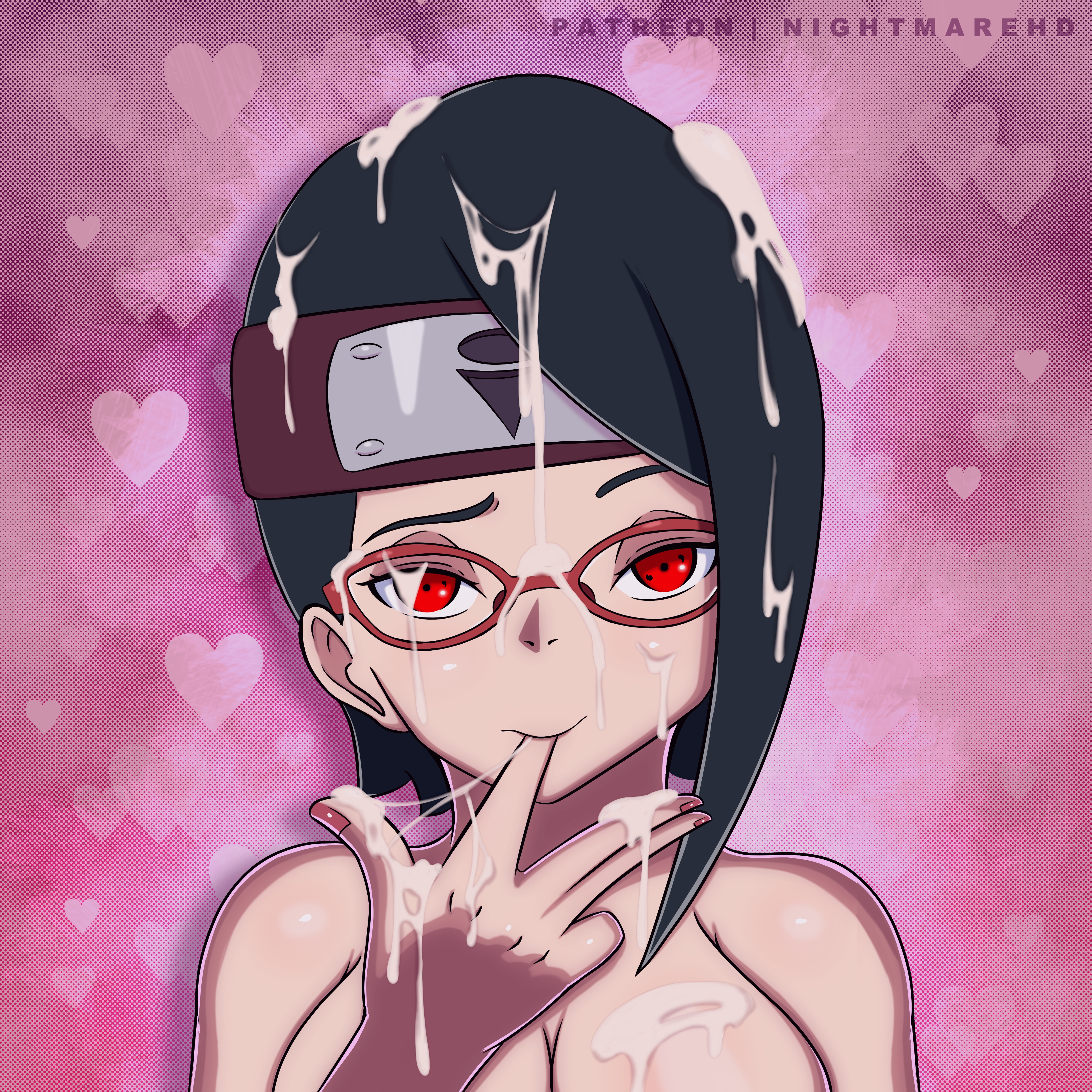 1girls, after sex, alternate breast size, ass, big breasts, black hair, boruto: naruto next generations, breasts, cleavage, colored nails, cum, cum on ass, cum on body, cum on breasts, cum on face, cum on hand, cumdrip, excessive cum, female, female only, finger in mouth, forehead protector, glasses, headband, looking at viewer, nail polish, naruto, naruto (series), nightmare hdraw, red eyes, sarada uchiha, sharingan, solo, solo focus, tasting, tasting cum, upper body