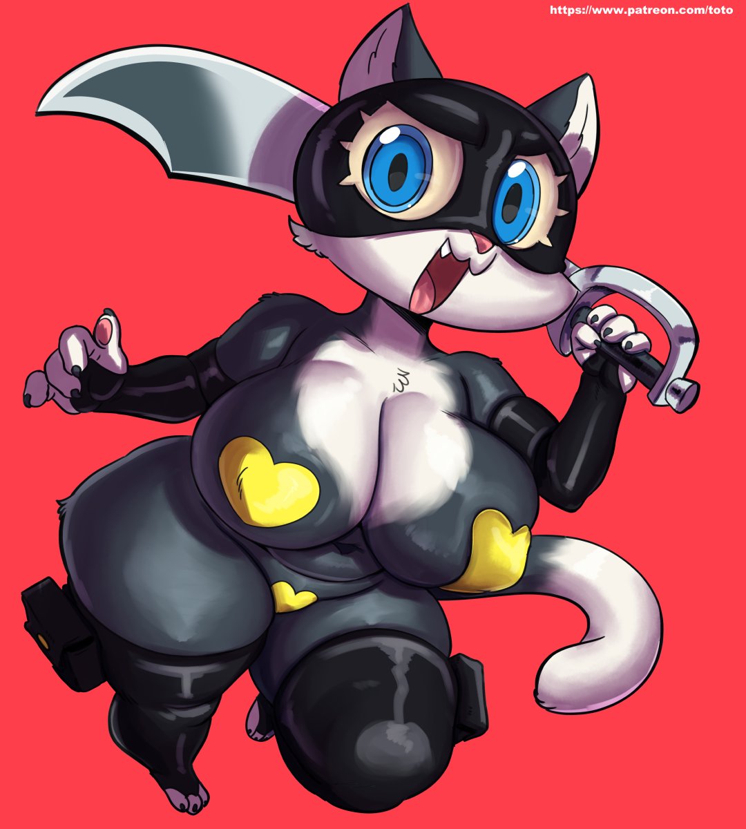 alternate version available, barefoot, big breasts, blue eyes, blush, breasts, breasts out, cat ears, cat tail, collarbone, fabianoferreira, feline, female, female focus, female only, furry, furry only, heart-shaped pasties, large breasts, maebari, mask, morgana (persona), nipple bulge, open mouth, pasties, persona, persona 5, pussy, pussy pasty, rule 63, shortstack, sideboob, sleeves, slightly chubby, stockings, sword, tail, thick thighs, toto draw