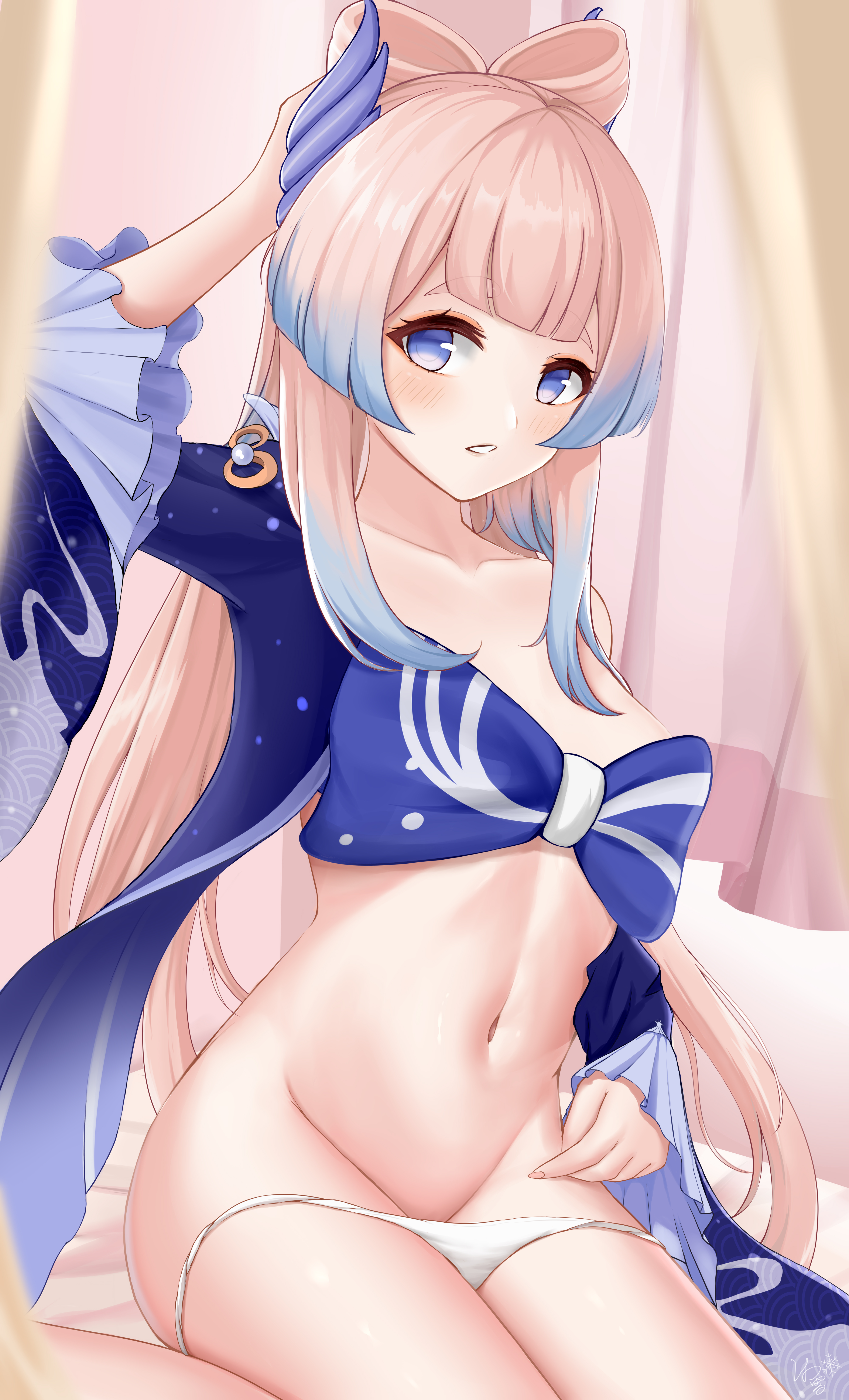 1girls, belly, blue eyes, blush, bowtie, breasts, clothed, clothing, female, genshin impact, hi res, mu xue (1024612186), navel, panties, panty pull, pink hair, sangonomiya kokomi, seductive, underwear