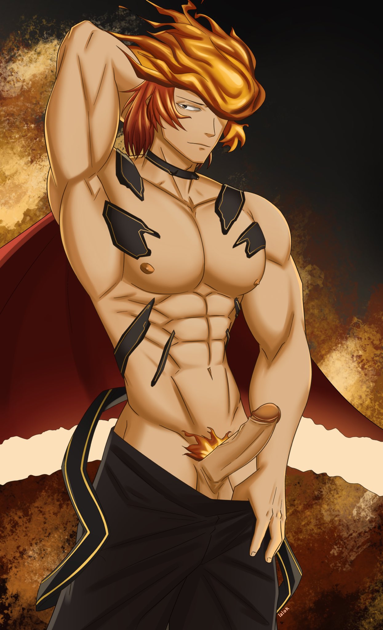 1boy fire_emblem fire_emblem_heroes hair_over_one_eye lzlok male male_only male_pubic_hair muscular_male muspell_(fire_emblem) nintendo orange_hair penis pose pubic_hair solo topless uncensored