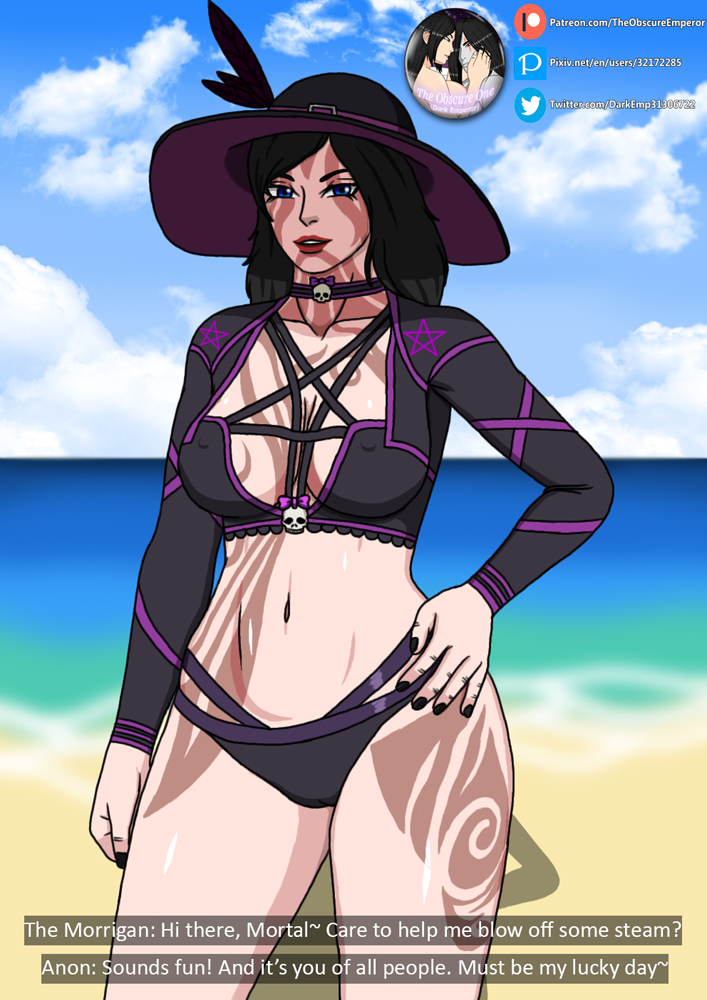 1girls alternate_costume beach breasts celtic_mythology cleavage clothed dialogue english_text glasses goddess hat large_breasts looking_at_viewer markings ocean smite solo spf_666_the_morrigan standing summer tattoo the_morrigan_(smite) theobscureone