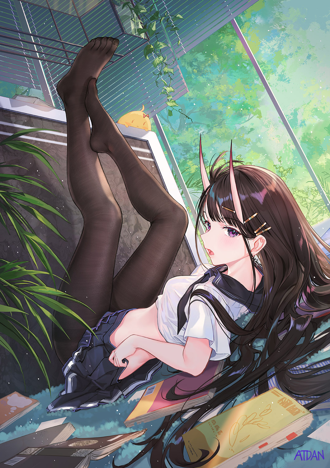 anthropomorphization artist_name artist_signature atdan azur_lane bird black_hair black_legwear black_skirt book breasts chicken collar_(clothes) crop_top earrings english english_text feet female fine_fabric_emphasis hair_ornament hair_spread_out hairclip high_resolution horns indoors jewelry leaf leg_up legs_up legwear long_hair looking_at_viewer looking_back lying medium_breasts midriff miniskirt noshiro_(azur_lane) on_back oni_horns open_mouth pantyhose piercing plant pleated_skirt purple_eyes sailor_collar school_uniform serafuku shirt short_sleeves signature single_earring skirt solo stomach text toes tree uniform vines white_shirt window window_blinds