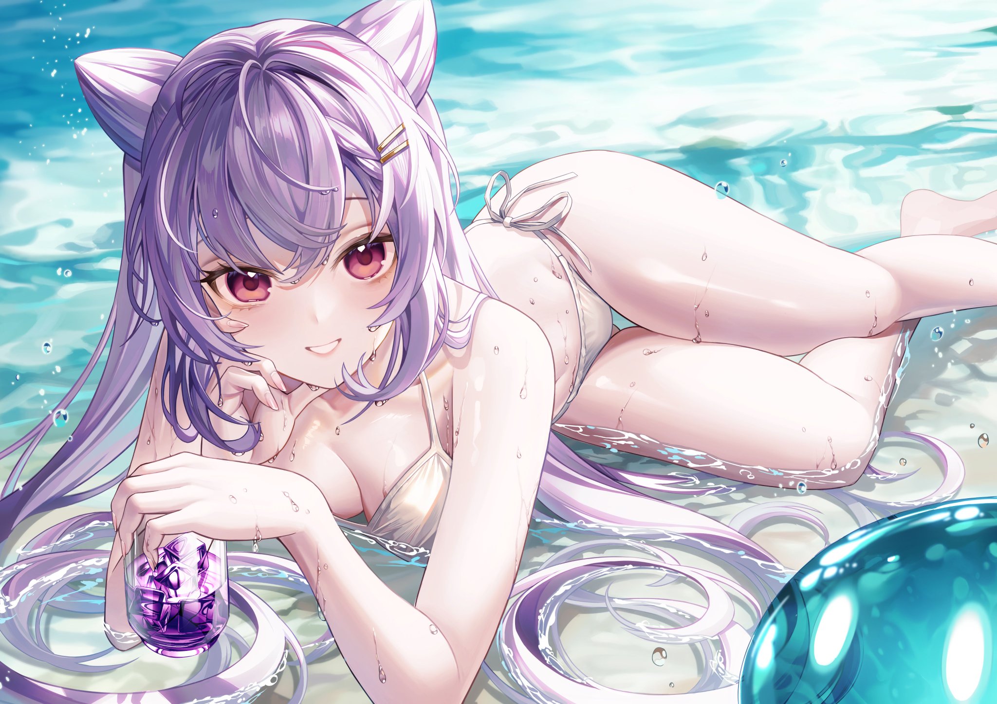 beach, bikini, blush, breasts, female, genshin impact, keqing (genshin impact), myless, purple eyes, purple hair, swimsuit, thighs, twintails, wet
