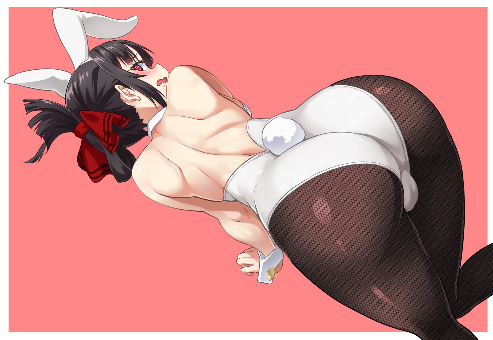 @ @, animal ears, ass, back, bangs, bare shoulders, black hair, black legwear, blush, breasts, bunnysuit, detached collar, fake animal ears, fake tail, female, folded ponytail, from behind, hair ornament, hair ribbon, high resolution, hokkyoku hotaru, huge ass, kaguya-sama wa kokurasetai ~tensai-tachi no renai zunousen~, leotard, long hair, looking at viewer, open mouth, pantyhose, parted bangs, ponytail, red eyes, red ribbon, ribbon, shinomiya kaguya, sidelocks, simple background, solo, tail, tied hair, white leotard, wrist cuffs